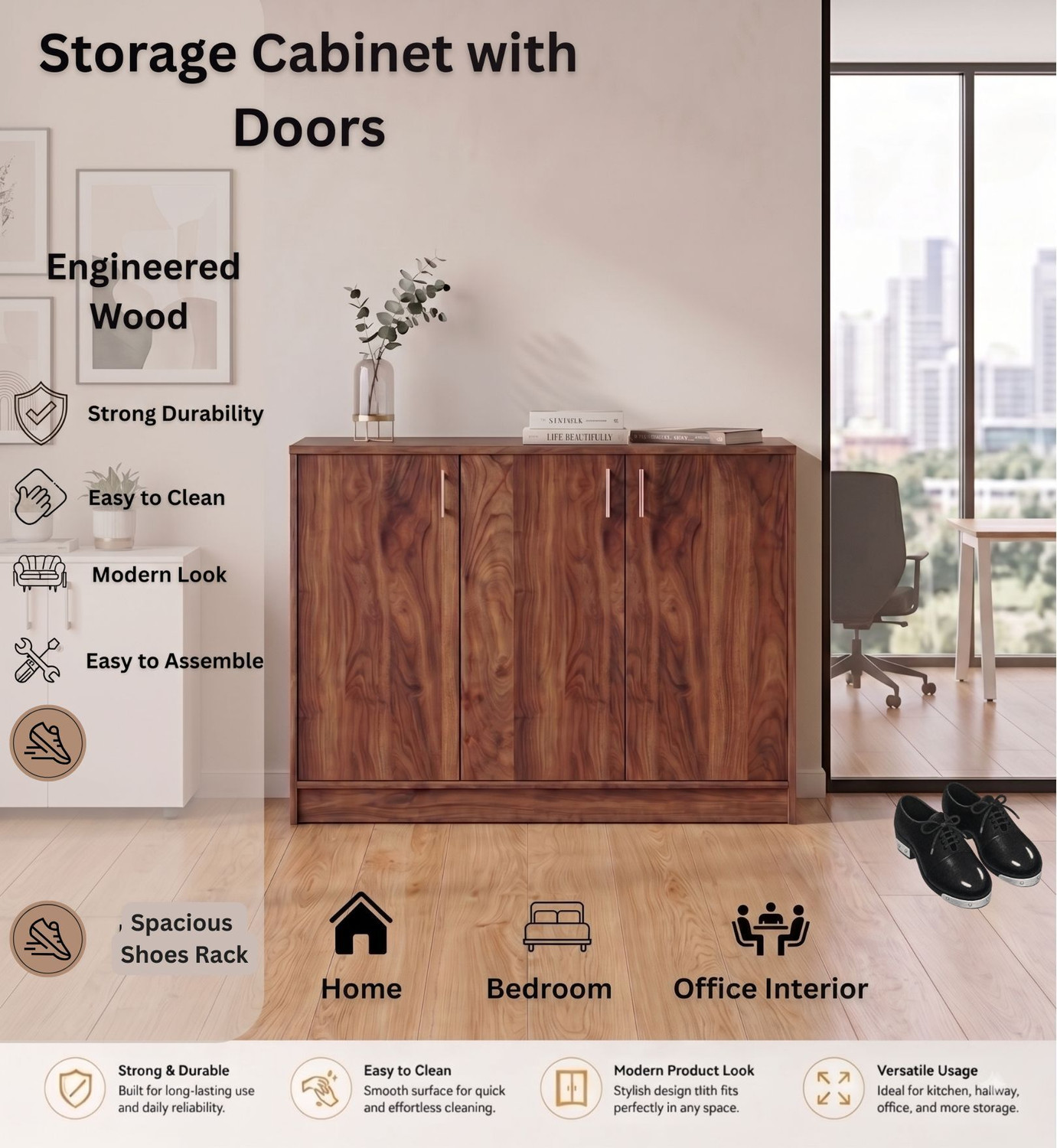 Image of Home Delight Multipurpose 3 Door Kitchen & Living Room Storage Cabinet Sideboard Engineered Wood Kitchen Cabinet