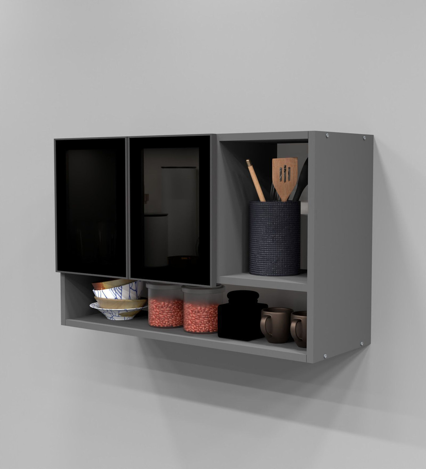 Image of SPECIALITY PANELS Black Profile 2 Door Grey Tinted Glass handless Shutter Free assembly by Brand Engineered Wood Crockery Cabinet