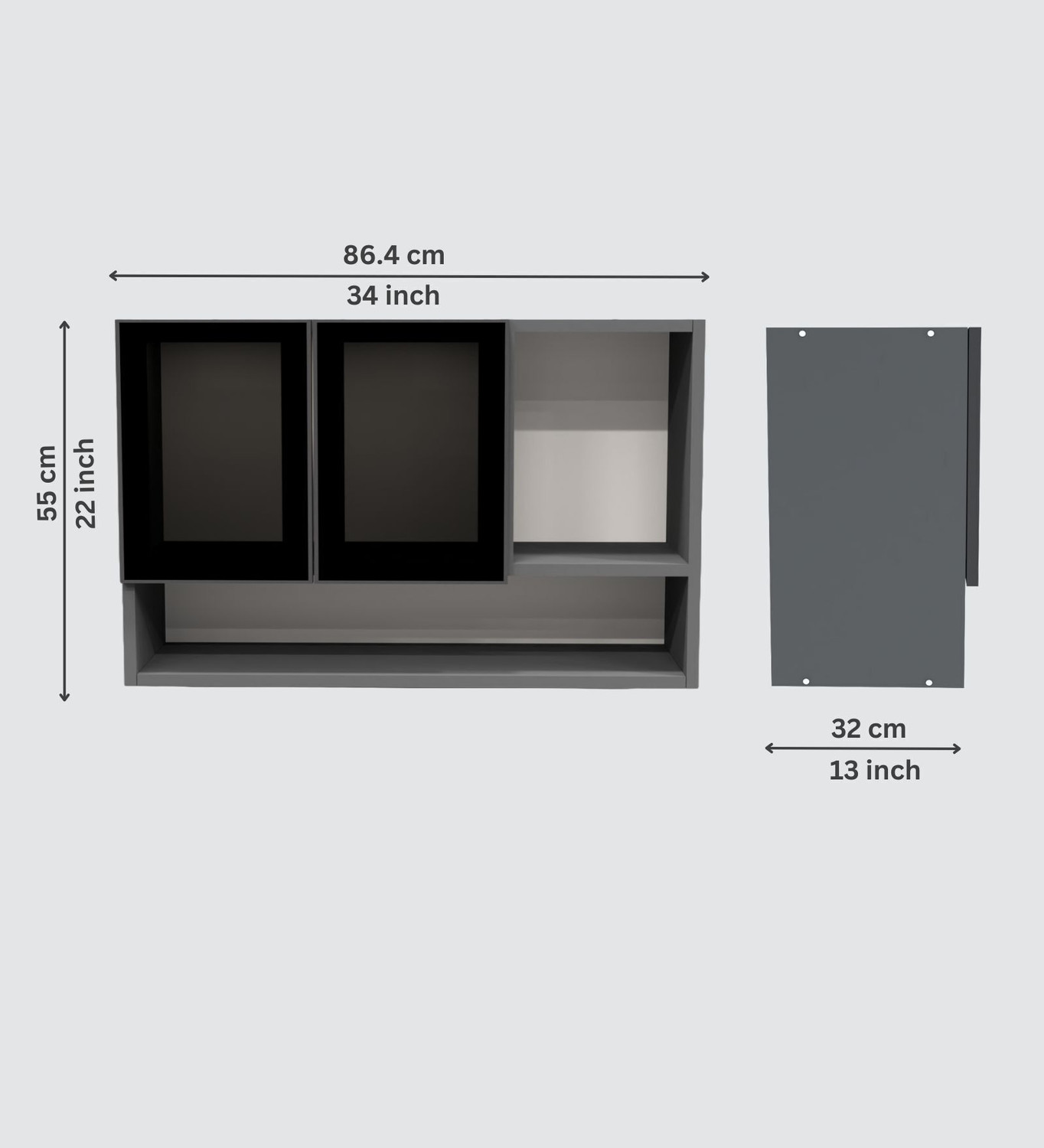 Image of SPECIALITY PANELS Black Profile 2 Door Grey Tinted Glass handless Shutter Free assembly by Brand Engineered Wood Crockery Cabinet