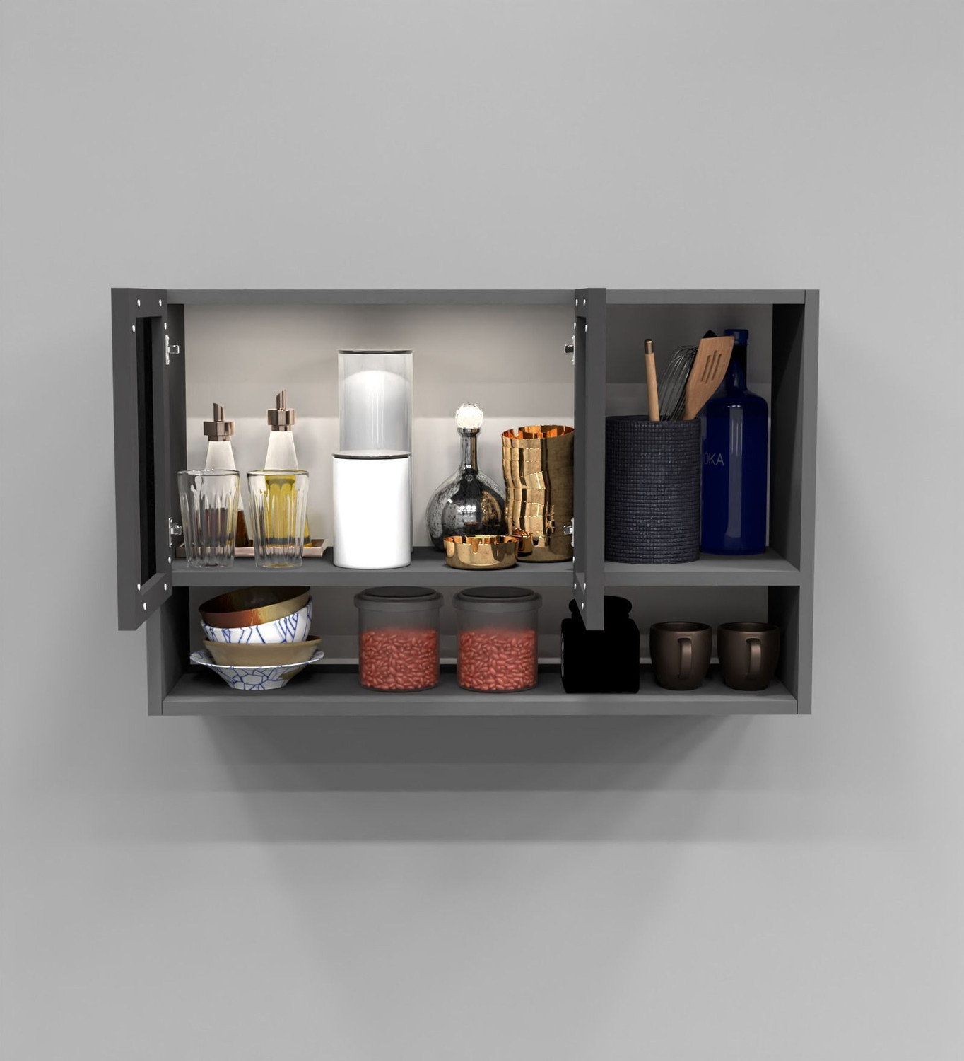 Image of SPECIALITY PANELS Black Profile 2 Door Grey Tinted Glass handless Shutter Free assembly by Brand Engineered Wood Crockery Cabinet