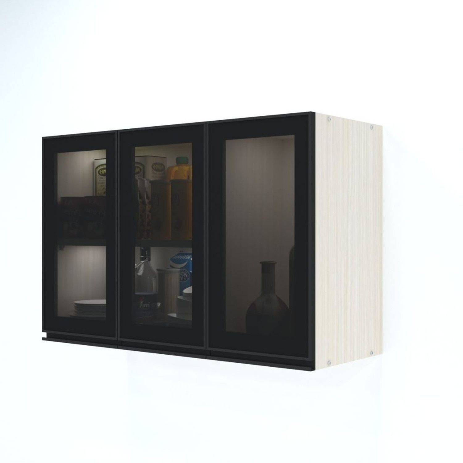 Image of SPECIALITY PANELS Black Profile 3 Door Grey Tinted Glass handless Shutter Free assembly by Brand Engineered Wood Crockery Cabinet