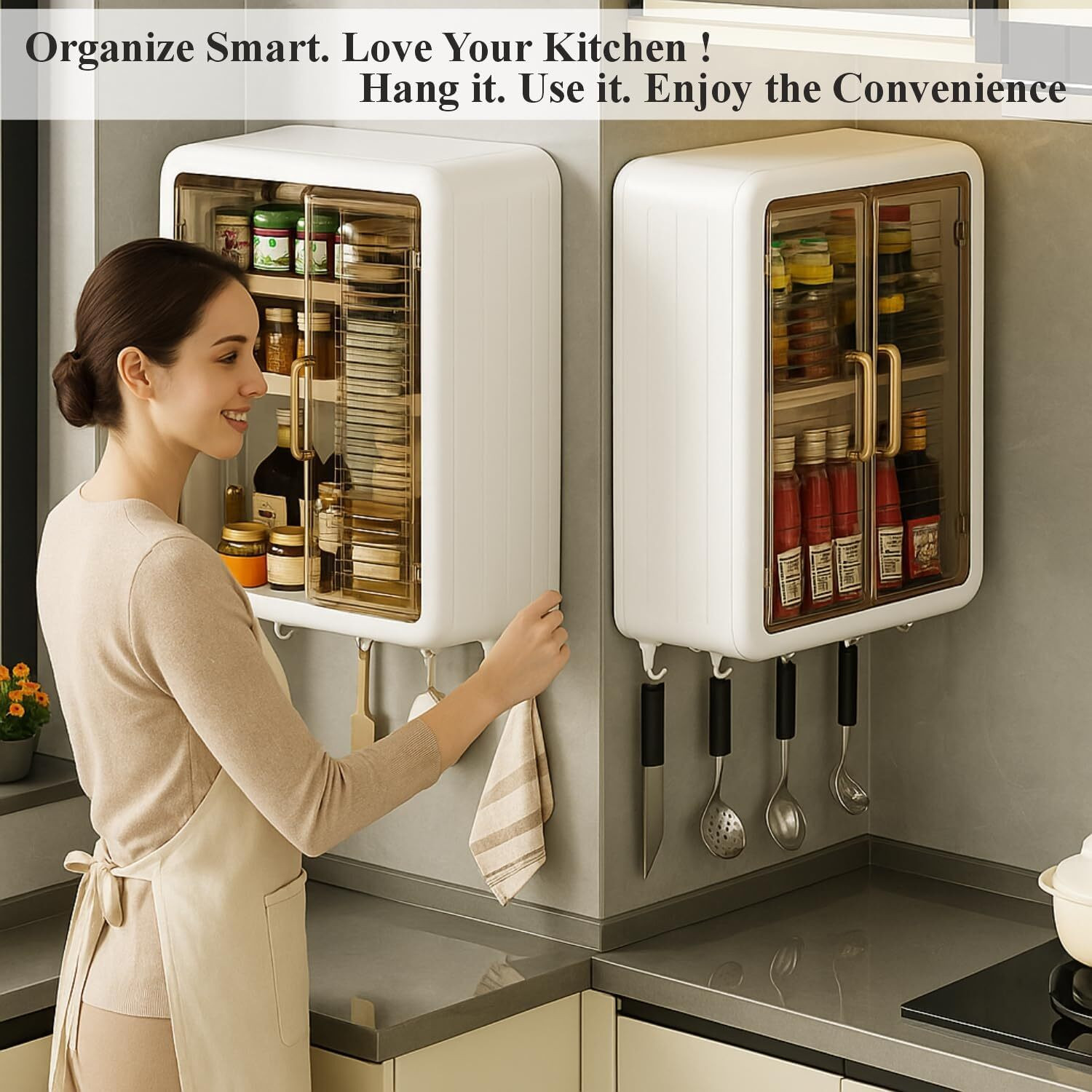 Image of PIXNA Premium Wall-Mounted Multi-Purpose Storage Cabinet with Transparent Doors &Hooks Plastic Kitchen Cabinet