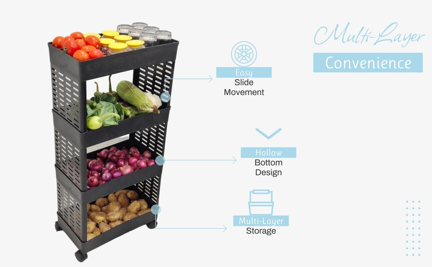 Image of Zester 4 Layer-Tier Plastic Modular Fruits & Vegetable Potato Trolley Plastic Crockery Cabinet