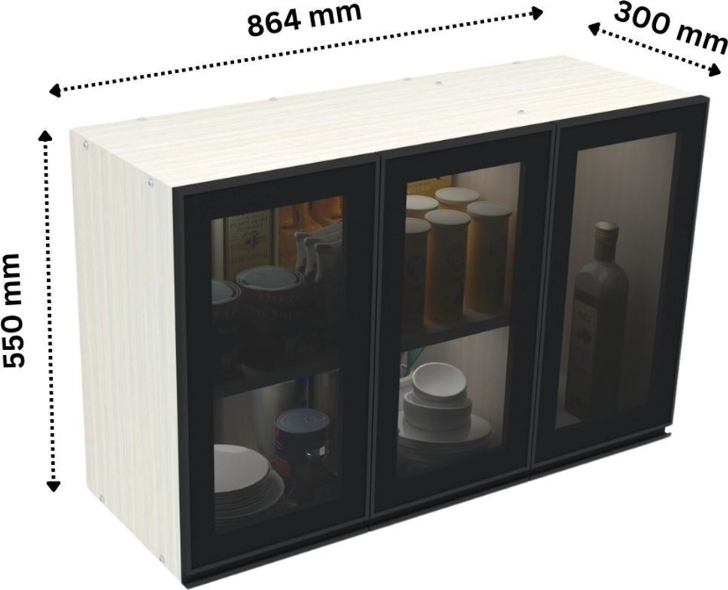 Image of SPECIALITY PANELS Black Profile 3 Door Grey Tinted Glass handless Shutter Free assembly by Brand Engineered Wood Crockery Cabinet