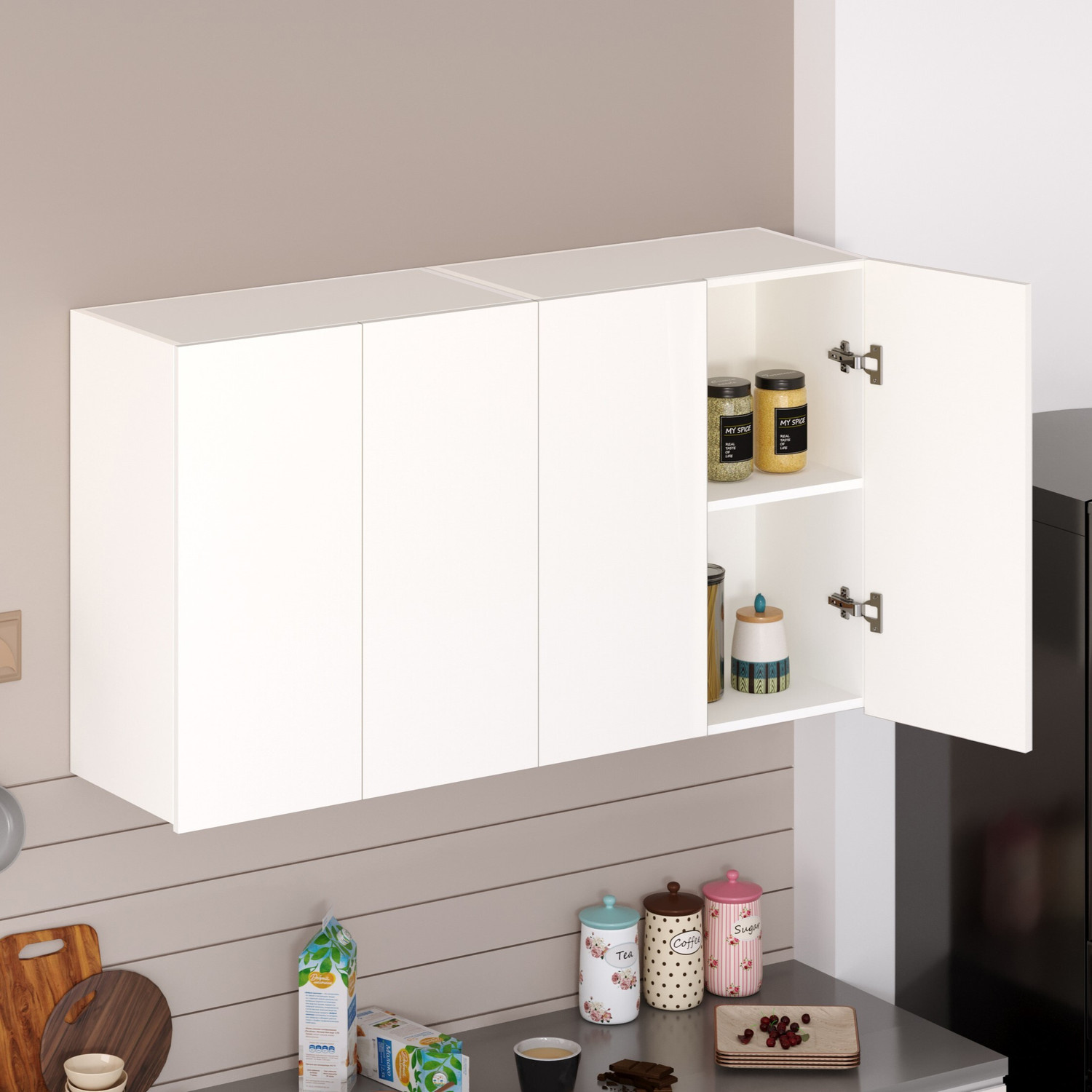 Image of BLUEWUD Opryt Set of Two Wall Mount Kitchen Storage Cabinet for Utensils, Jars, Spices Engineered Wood Kitchen Cabinet