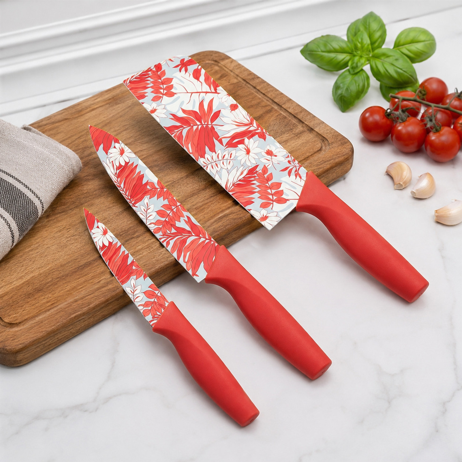 Image of Fun Wooden Chopping Board With 3 Pic Red Knife Set Stainless Steel Wooden Cutting Board