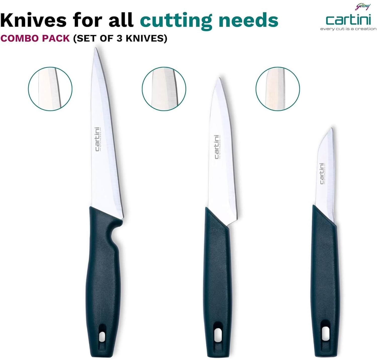 Image of Godrej 1 Pc Stainless Steel Knife Set Cartini Godrej Soft Grip Kitchen Knives kit,3 Pc Set, Stainless Steel