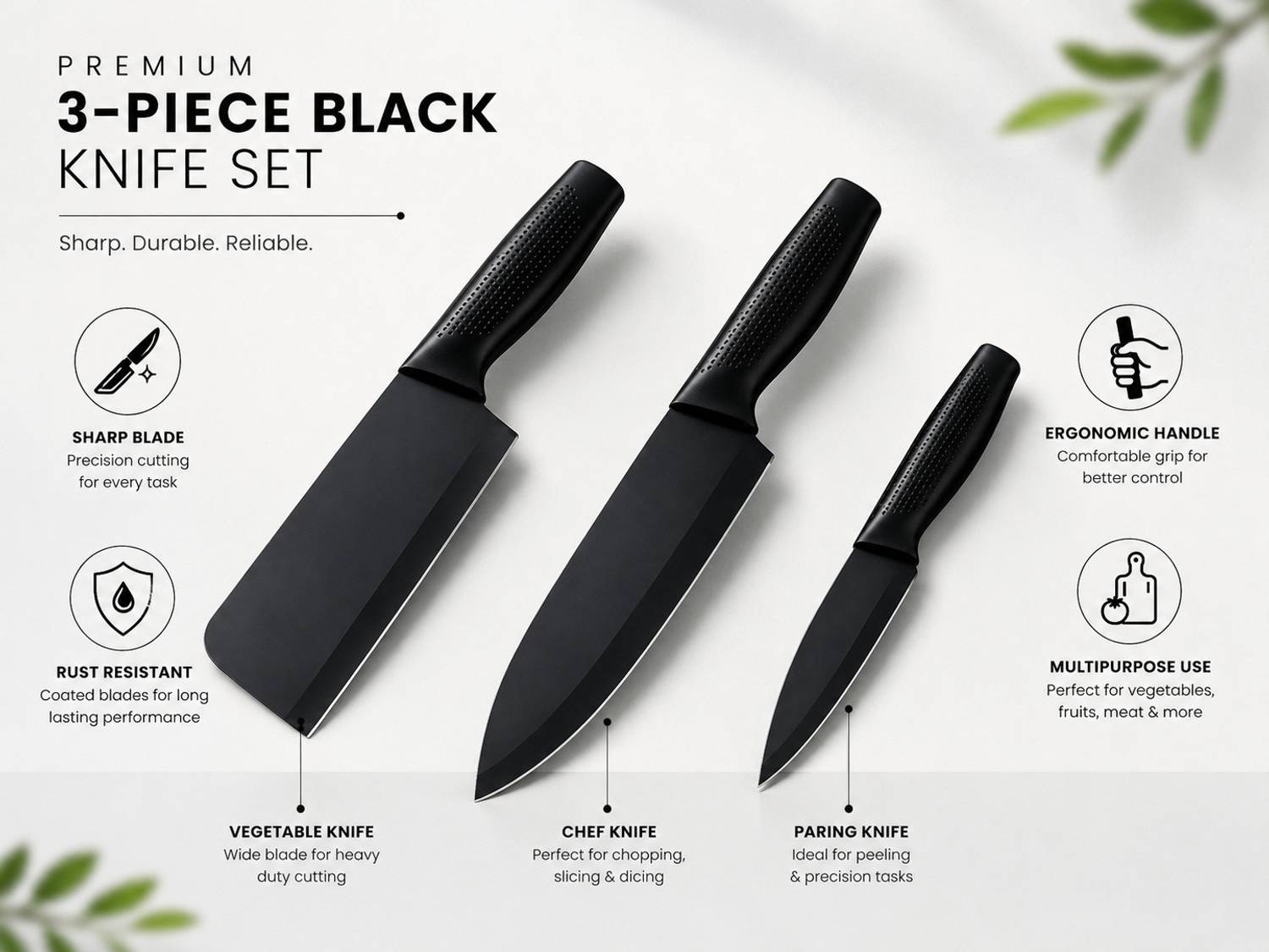 THUNDERFIT 3 Pc Black Stainless Steel Knife Set - Image 2