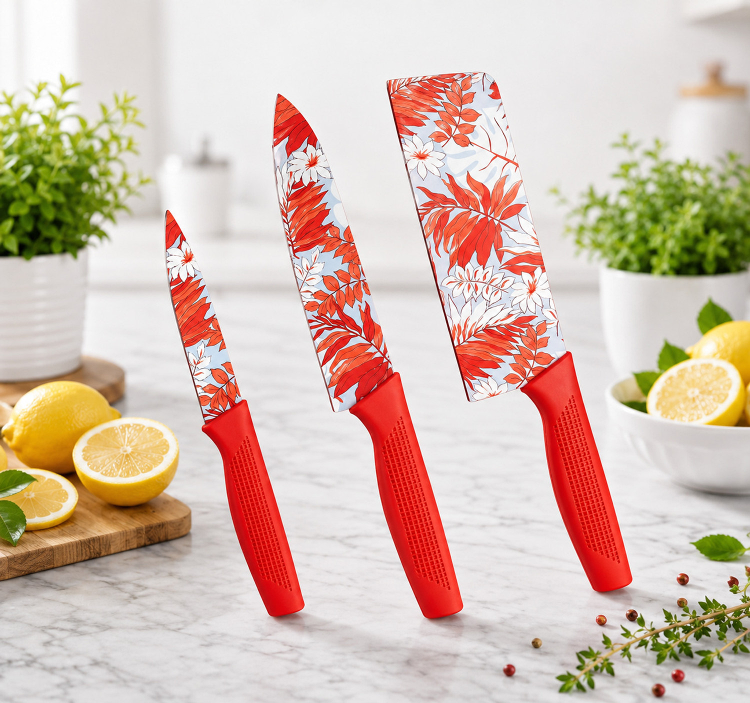 Image of Patel 3 PC RED KNIFE SET WITH CUTTING BOARD -099 Wooden Cutting Board
