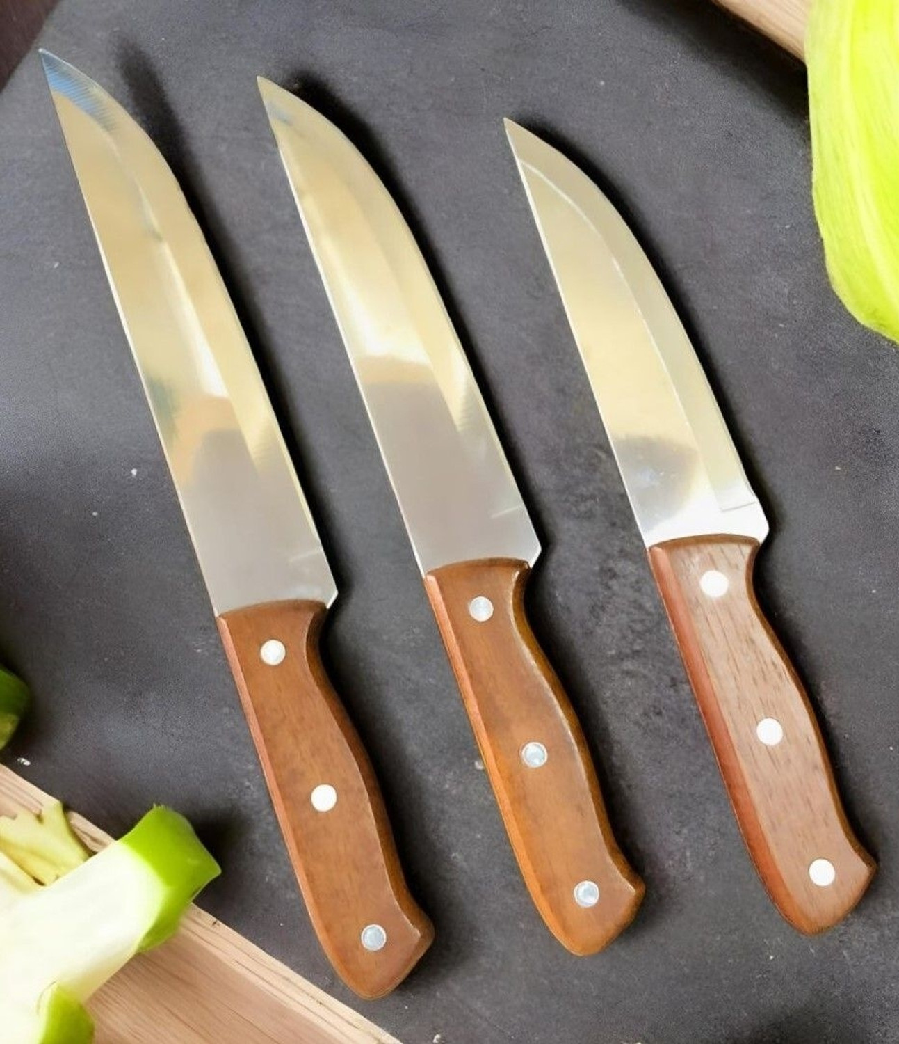 Image of AK ACCESSORIES 3 Pc Stainless Steel, Wood Knife Set Professional Knife /chaku Sharp edge Kitchen Knife Multi-Size with wood handle