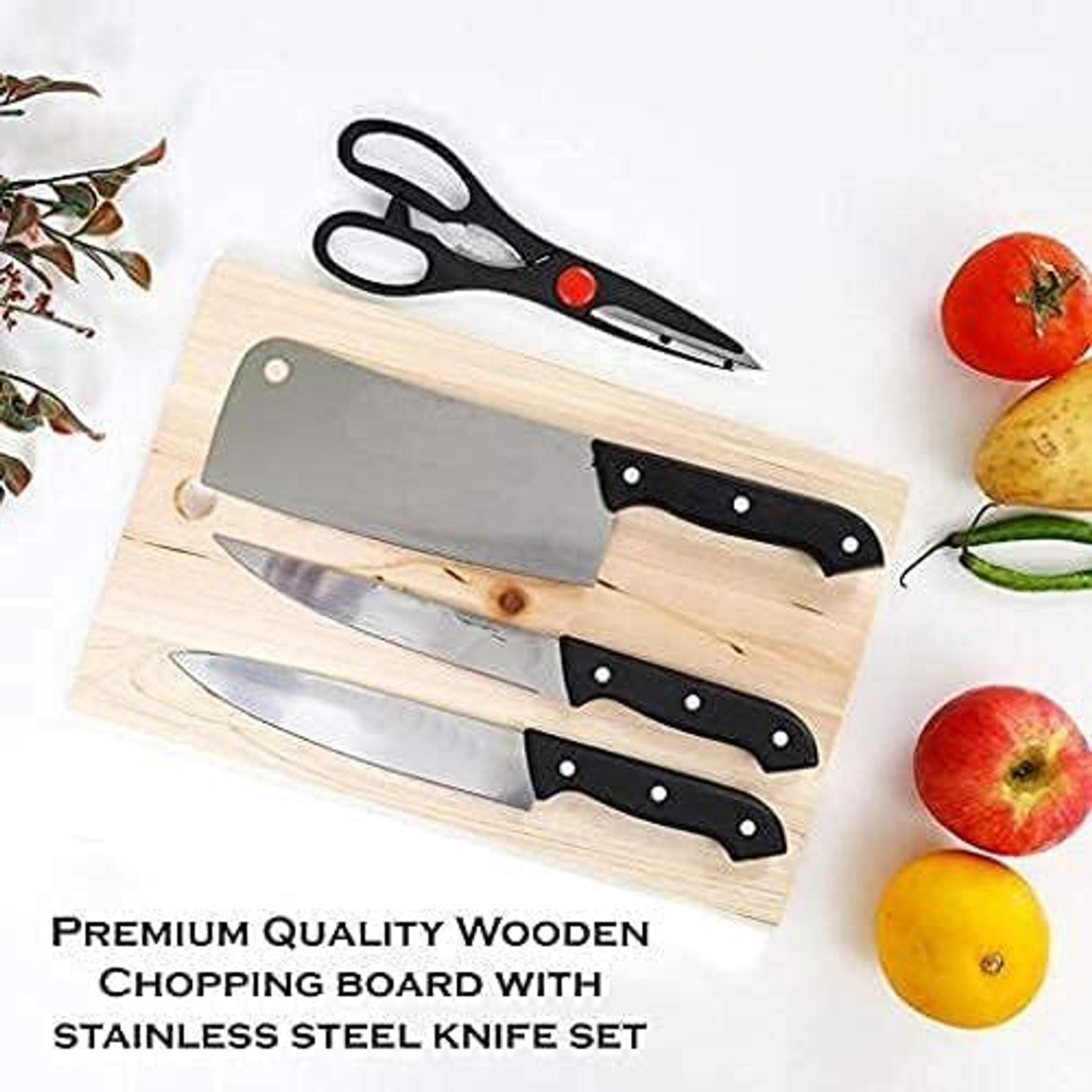 Image of Dharma Creation Stainless Steel Kitchen Knife Set with Wooden Chopping Board & Scissor Vegetable Wooden Cutting Board