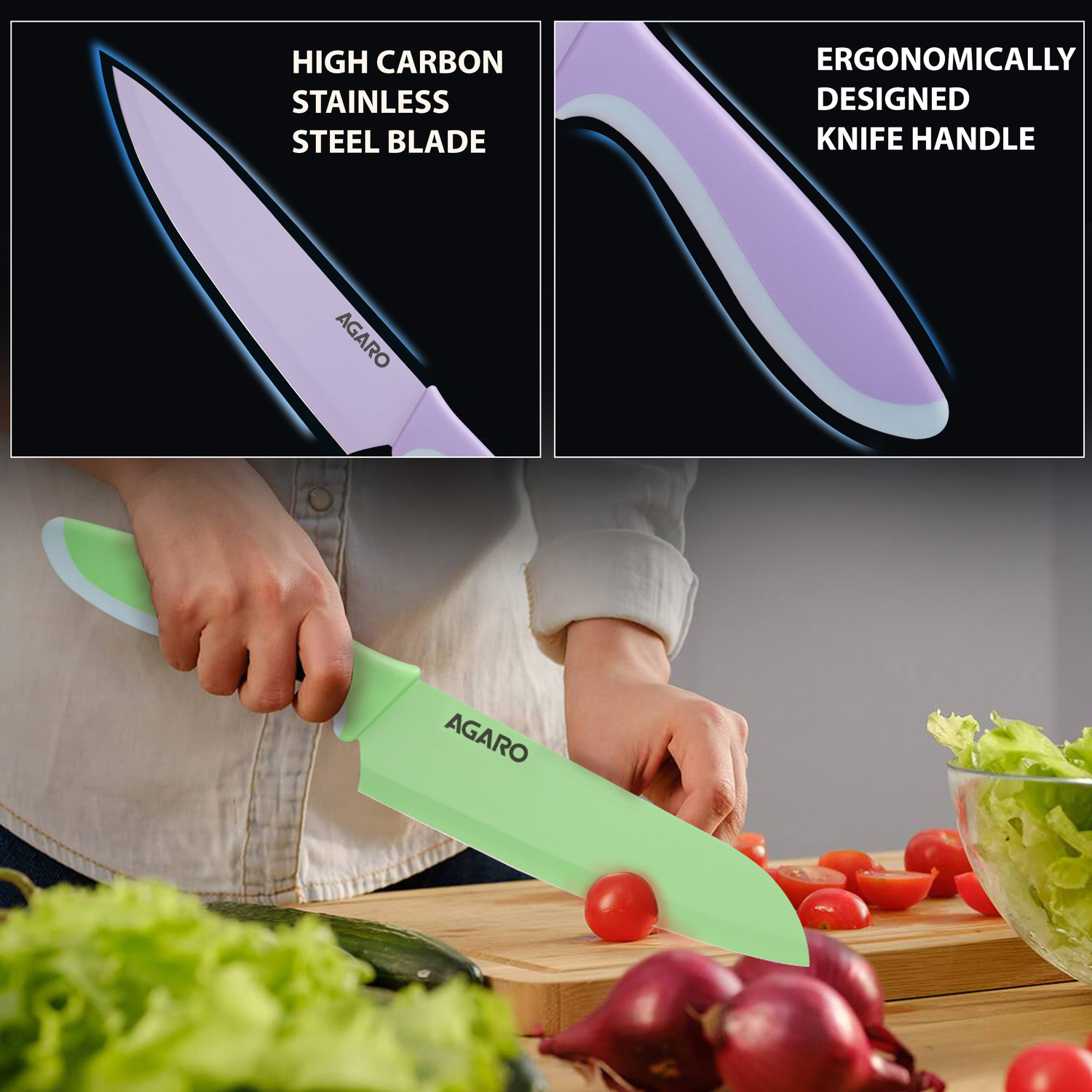 Image of AGARO 6 Pc Stainless Steel Knife Set Royal Coloured Kitchen Knifes with Cover, Professional Chef Knife, Santoku Knife