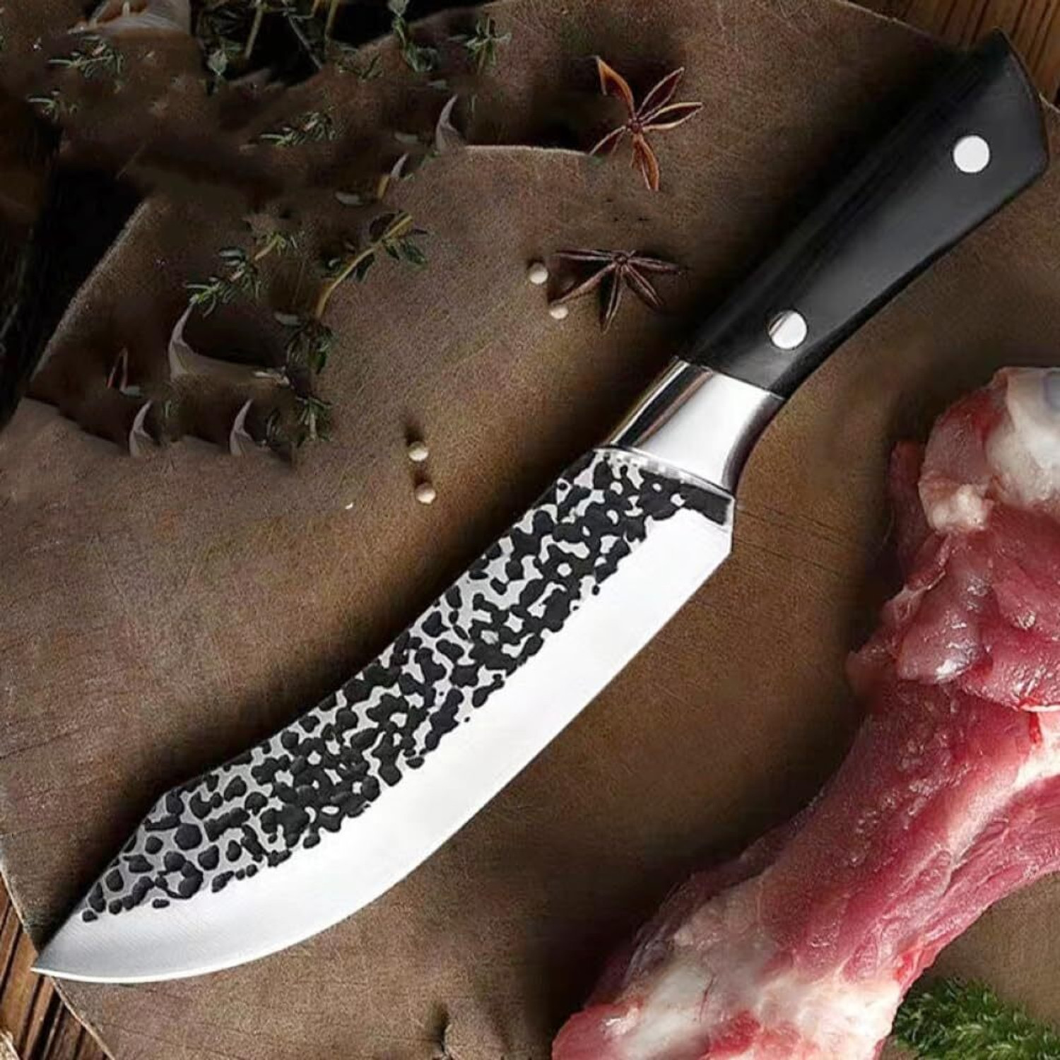 Image of Zypheron 1 Pc Stainless Steel Knife Curved Butcher Knife for Meat & Veg Cutting Textured Blade & Ergonomic Handle