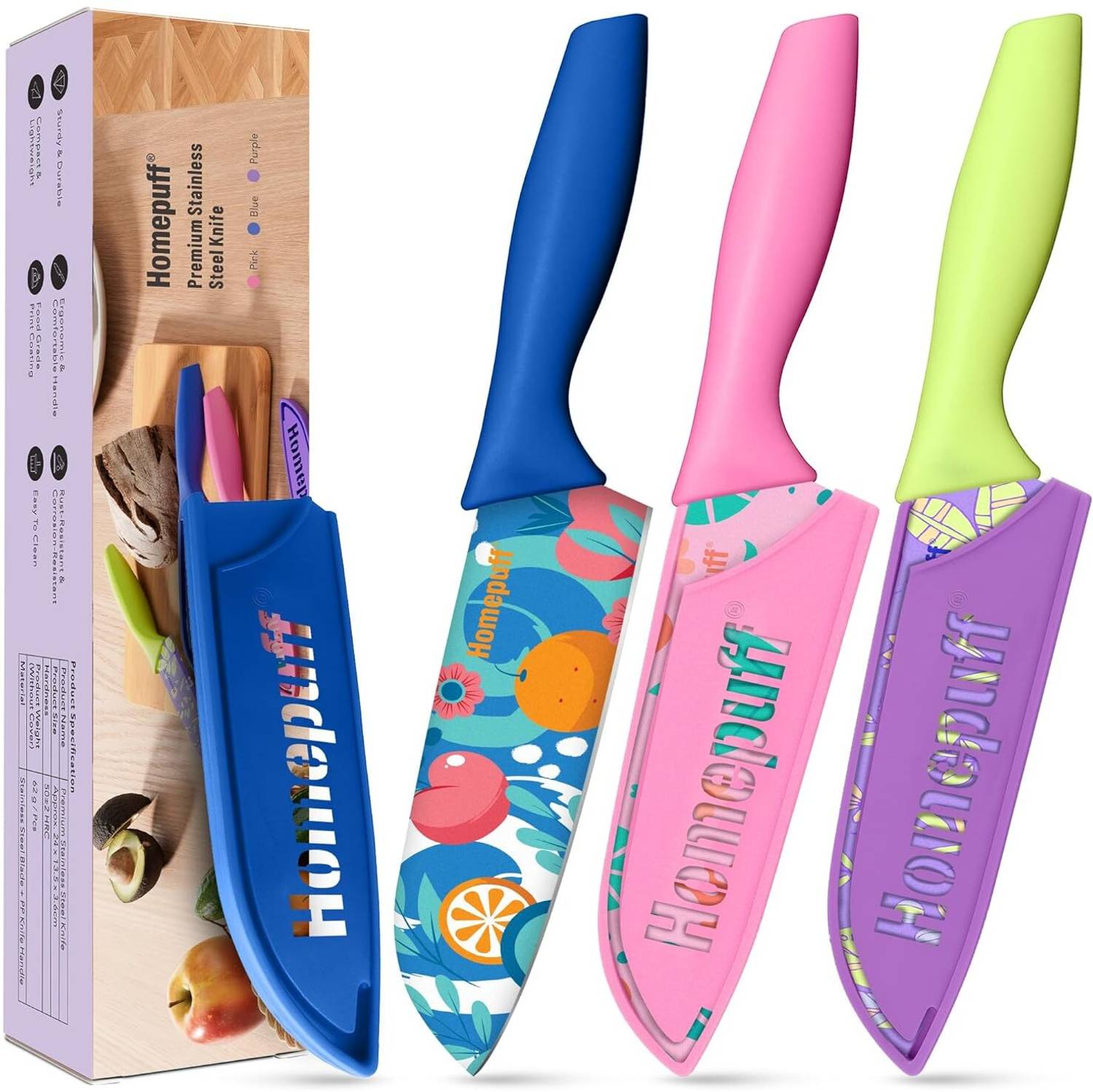 Home Puff 3 Pc Stainless Steel Knife Set with Plastic Covers – Rust-Resistant & Non-Slip Grip — Knives & Chopping Tools