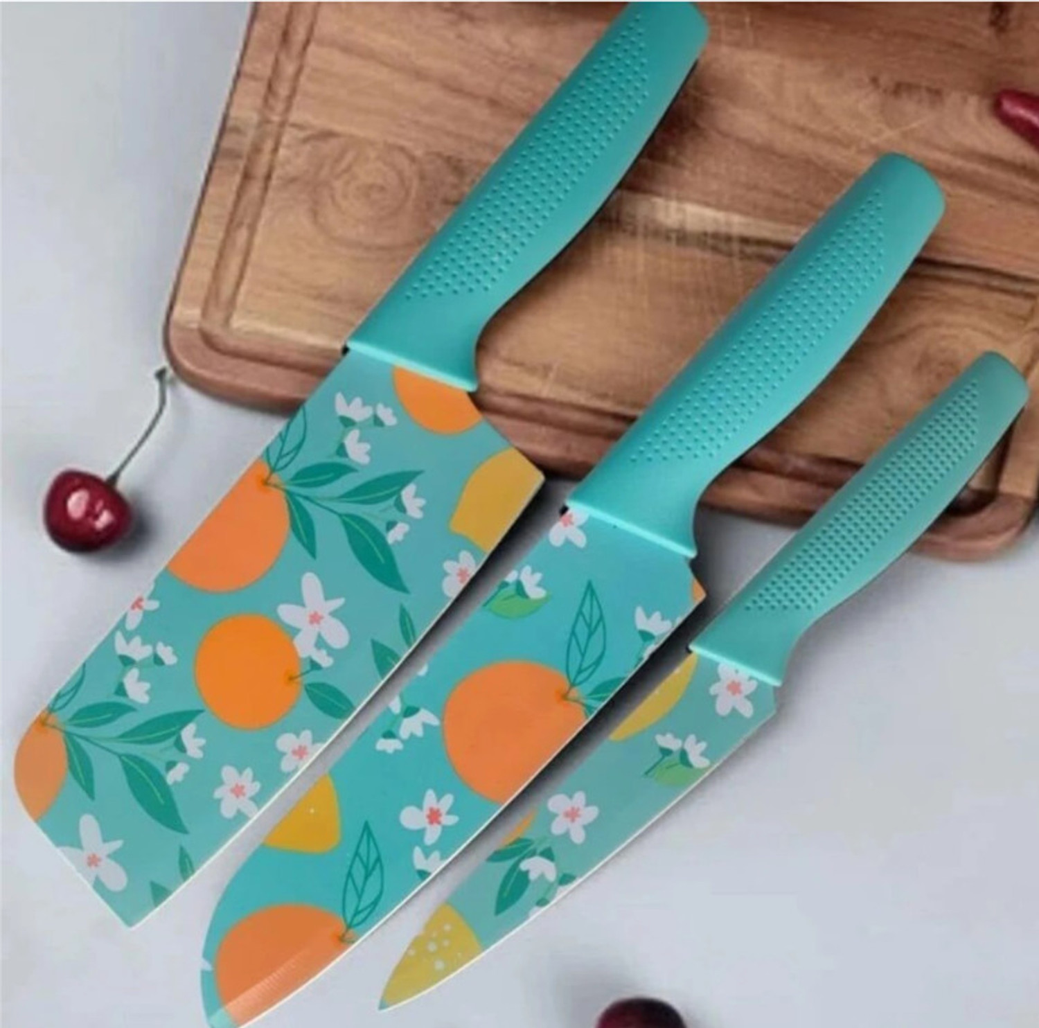 Image of kali Chopping Board With 3 Pic Blue Knife Set Stainless Steel Wooden Cutting Board Wooden Cutting Board