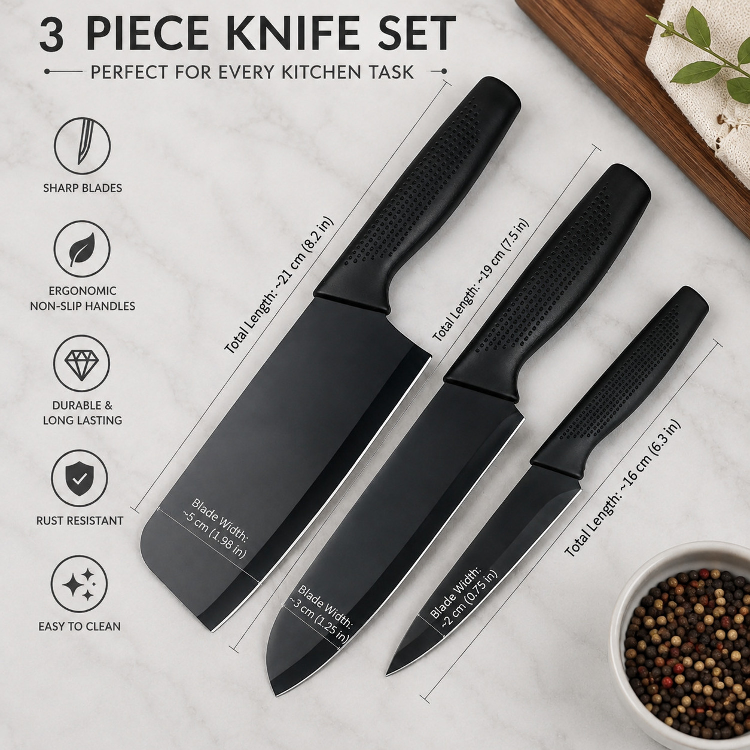 Image of ECUSSI 3 Pc Stainless Steel Knife Set High Carbon Stainless Steel Ultra Sharp Kitchen Knife for Meat & Vegetables