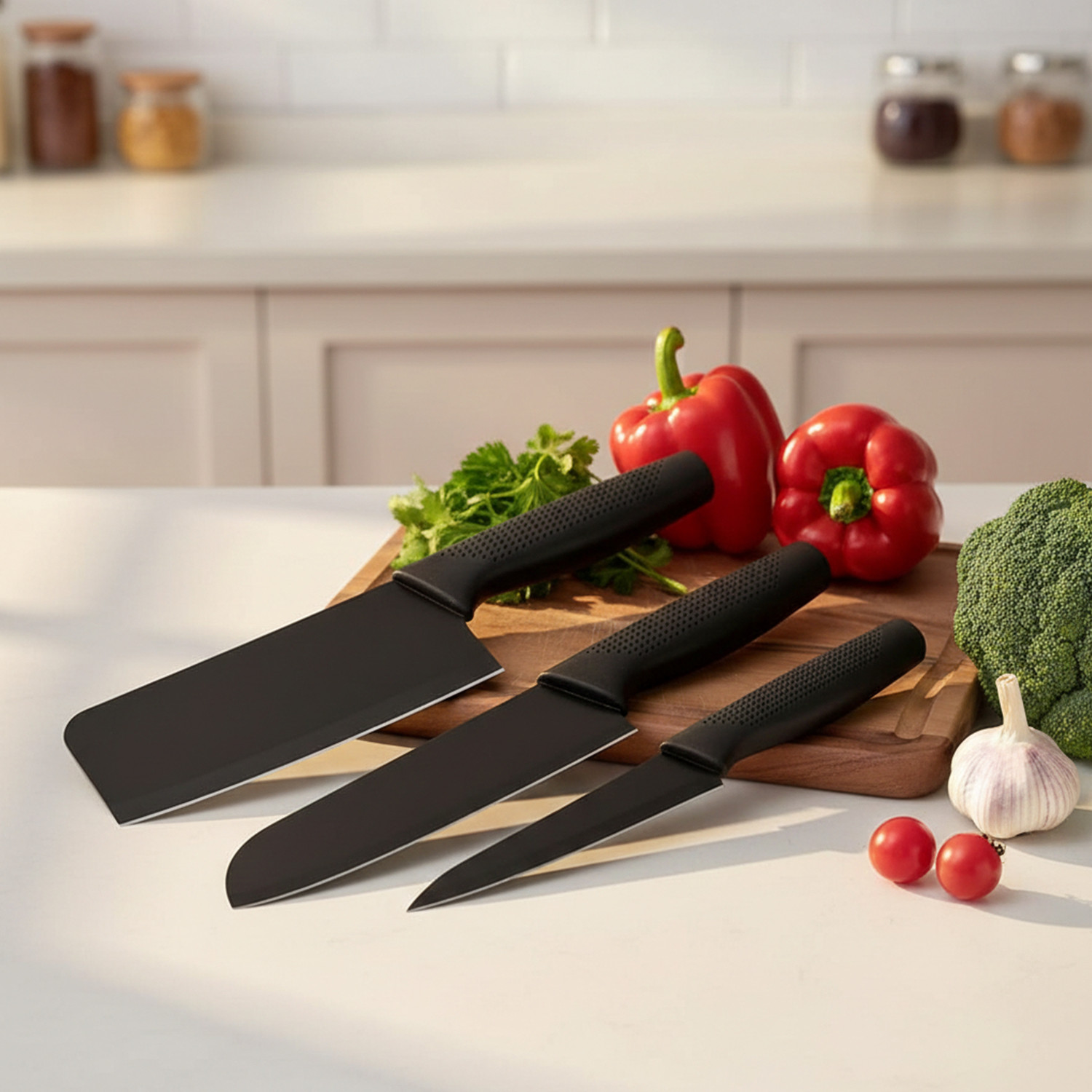 Image of Brandvilla 3 Pc Stainless Steel Knife Set 3-Piece, Nonstick Stainless Steel Chef, Santoku & Utility Knives