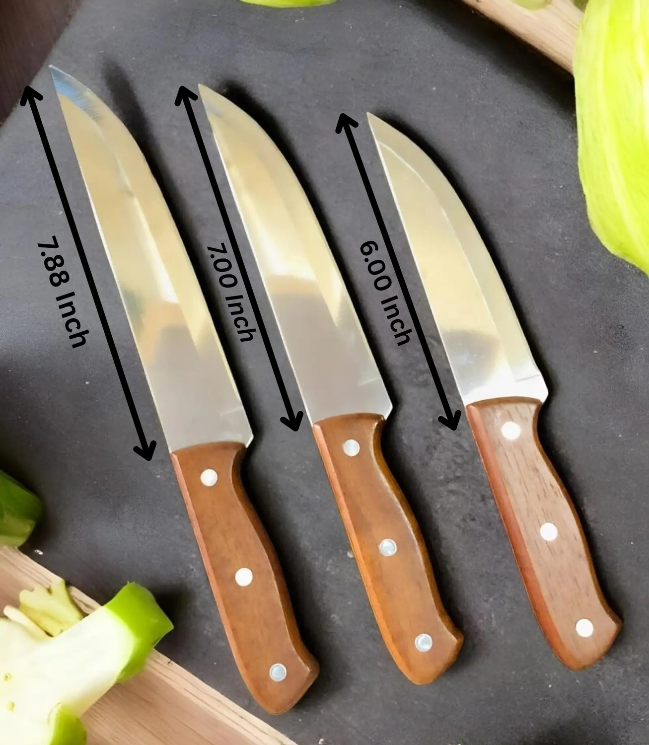 Image of AK ACCESSORIES 3 Pc Stainless Steel, Wood Knife Set Professional Knife /chaku Sharp edge Kitchen Knife Multi-Size with wood handle