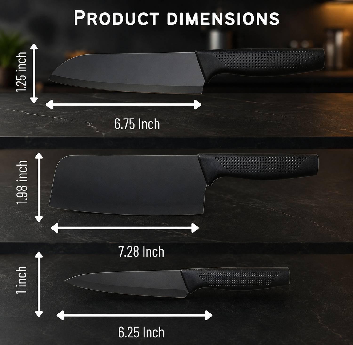 THUNDERFIT 3 Pc Black Stainless Steel Knife Set - Image 3