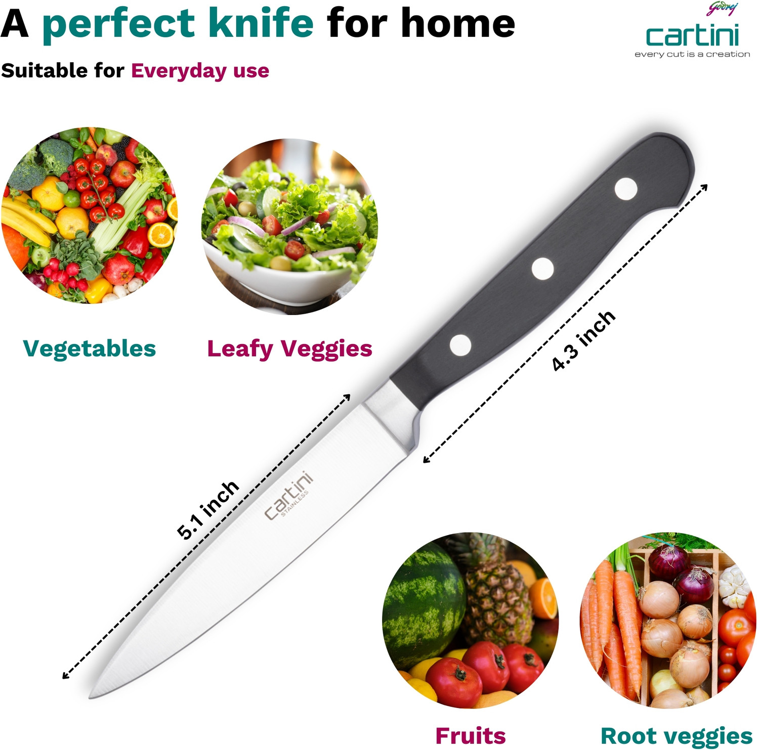Image of Cartini 1 Pc Stainless Steel Knife 7248 Professional Vegetable Knife