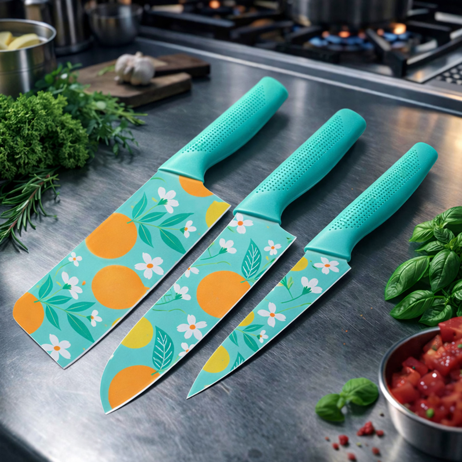 Image of Brandvilla 3 Pc Stainless Steel Knife Set 3-Piece, Nonstick Stainless Steel Chef, Santoku & Utility Knives