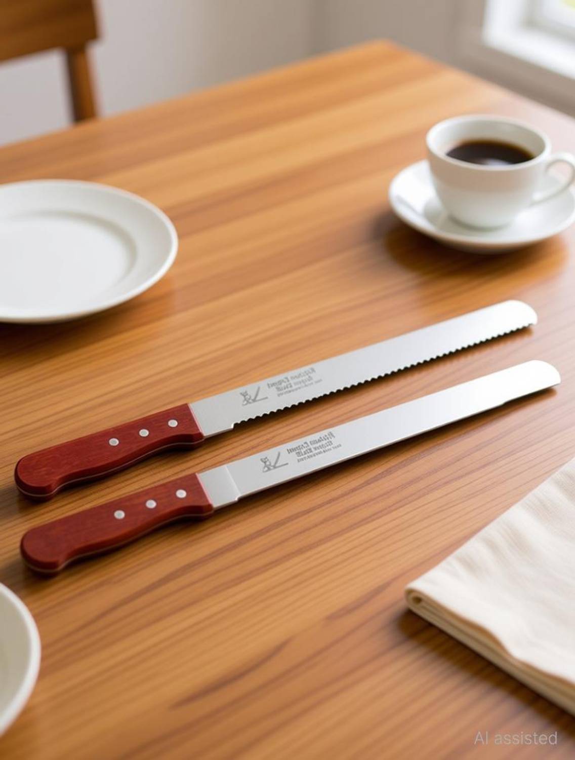 ALAMDAAR 2 Pc Stainless Steel Knife Set 2pcs 12inch Wide Teeth Wooden Handle Serrated BreadKnife Cake Slicer