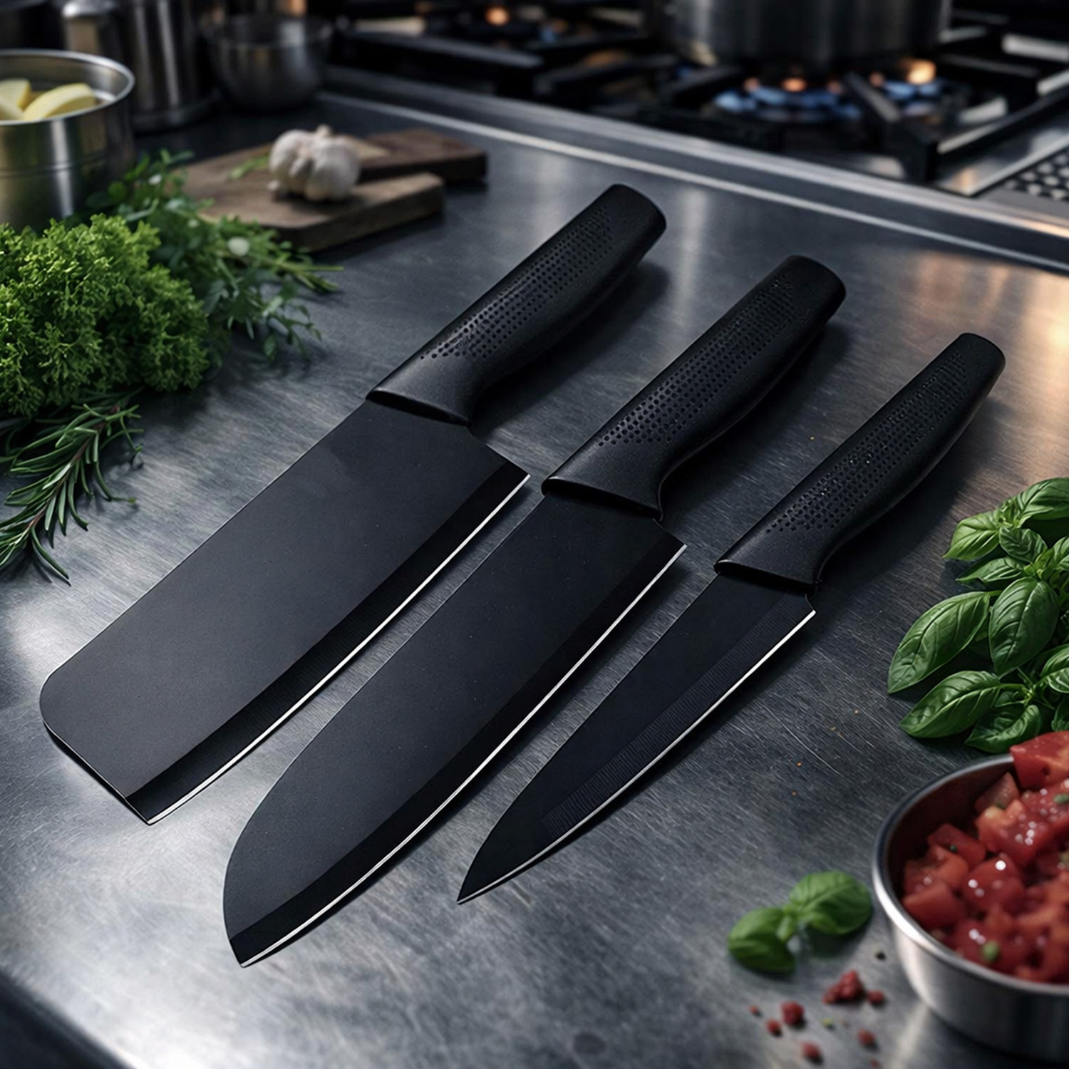 Image of Brandvilla 3 Pc Stainless Steel Knife Set 3-Piece, Nonstick Stainless Steel Chef, Santoku & Utility Knives