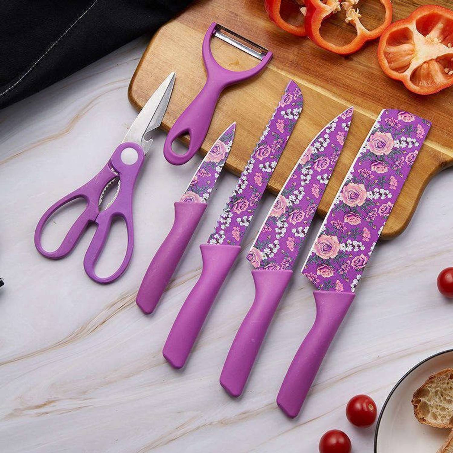 BARAGOKUL ENTERPRISE 6 Pc Stainless Steel Knife Set with Scissor and Peeler Use For Kitchen & Restaurant(Purple)
