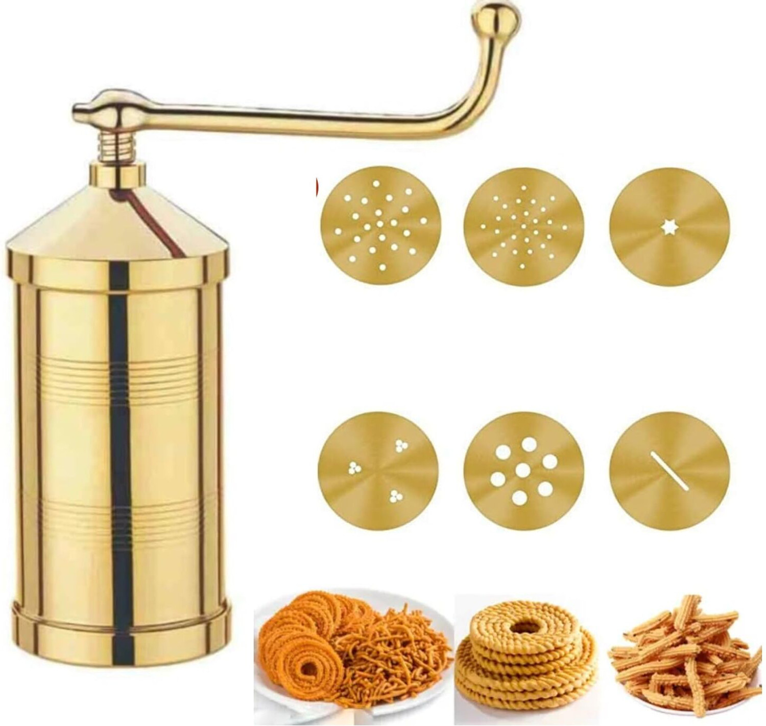 Image of Mitchen by Mitchen Kitchen Mall Brass Gathiya Sevaiya Bhujia maker with 6 Different jalis Grater Grater