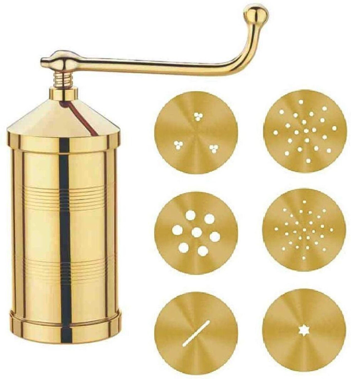 Image of Mitchen by Mitchen Kitchen Mall Brass Gathiya Sevaiya Bhujia maker with 6 Different jalis Grater Grater