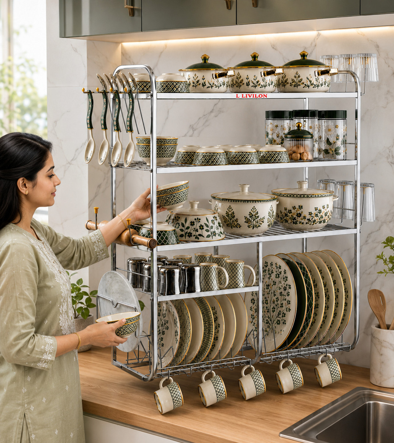 Image of L LIVILON Utensil Kitchen Rack Steel Kitchen Rack Steel Wall Mount Kitchen Dish Rack Plate Stand 30x30 inch