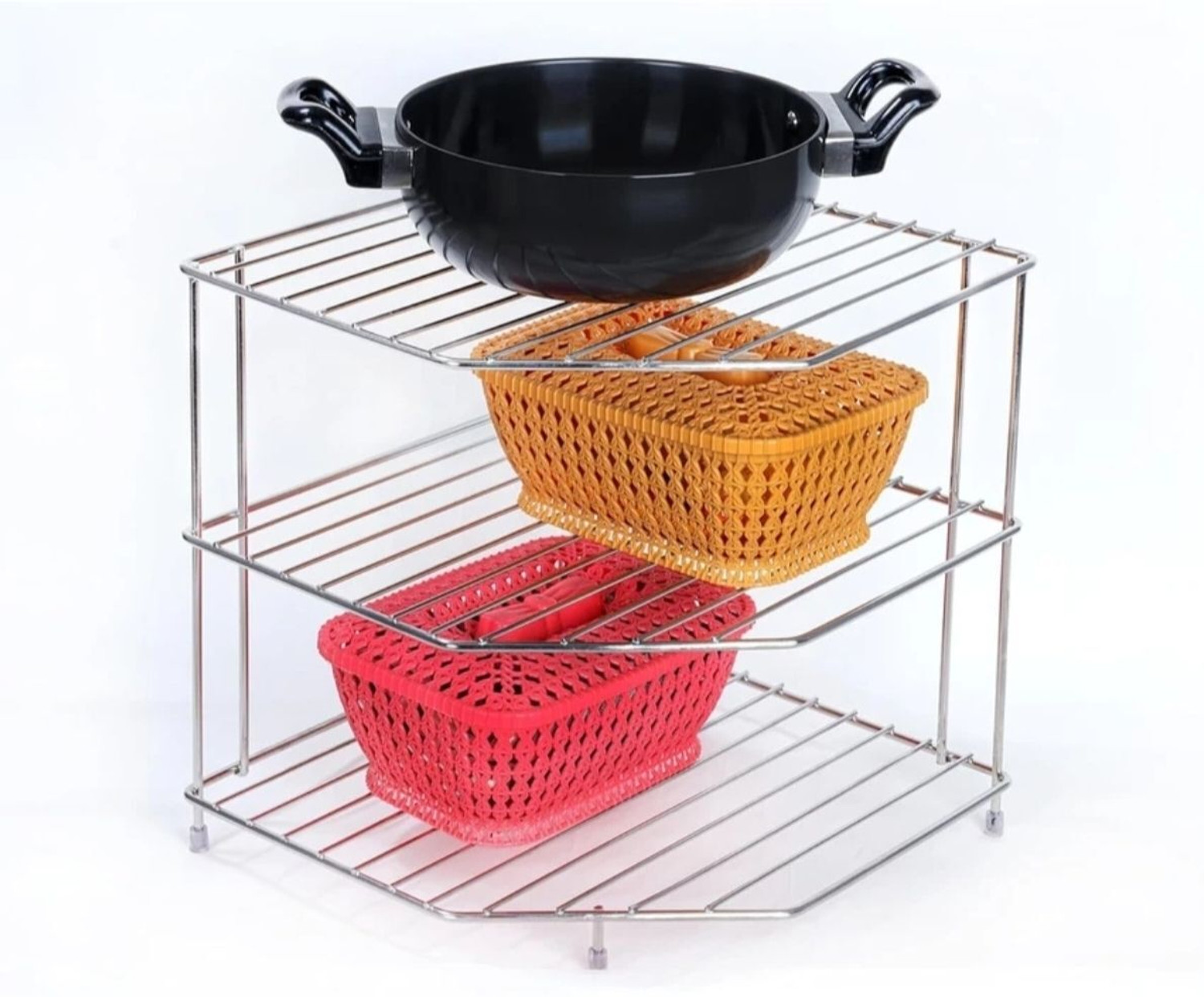 Image of MTRI Fruits /Vegetables Kitchen Rack Steel Stainless Steel kitchen corner / Storage Shelf Rack, Dish Rack