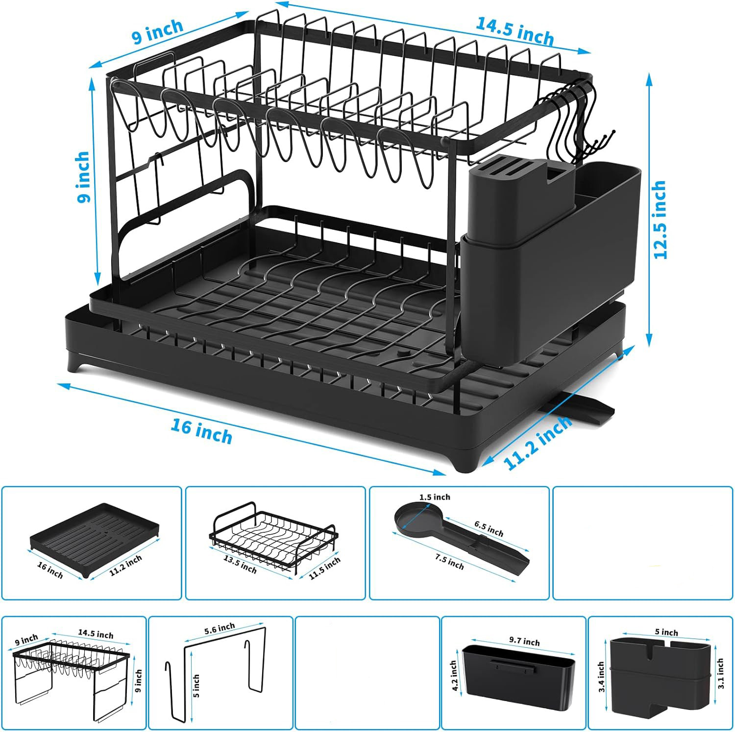 Image of ZENOVIA Dish Drainer Kitchen Rack Steel Black 2-Tier Dish Drying Rack & Kitchen Organizer with Drain Tray & Holders