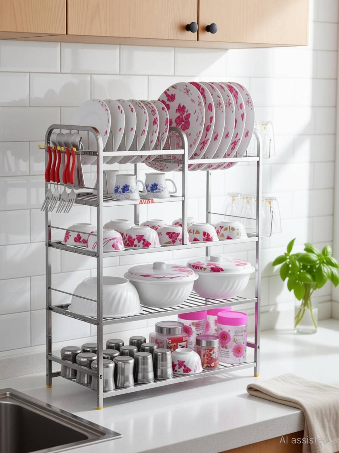 AVAIL Dish Drainer Kitchen Rack Steel 5 Shelves Dish Rack | Plate Cutlery Stand | Kitchen Stand Rack