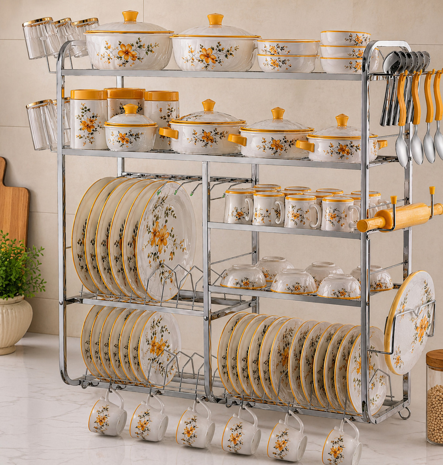 Image of L LIVILON Utensil Kitchen Rack Steel 5 Layer Wall Mount Kitchen Dish Rack Plate & Cutlery Stand / 31X30 inch