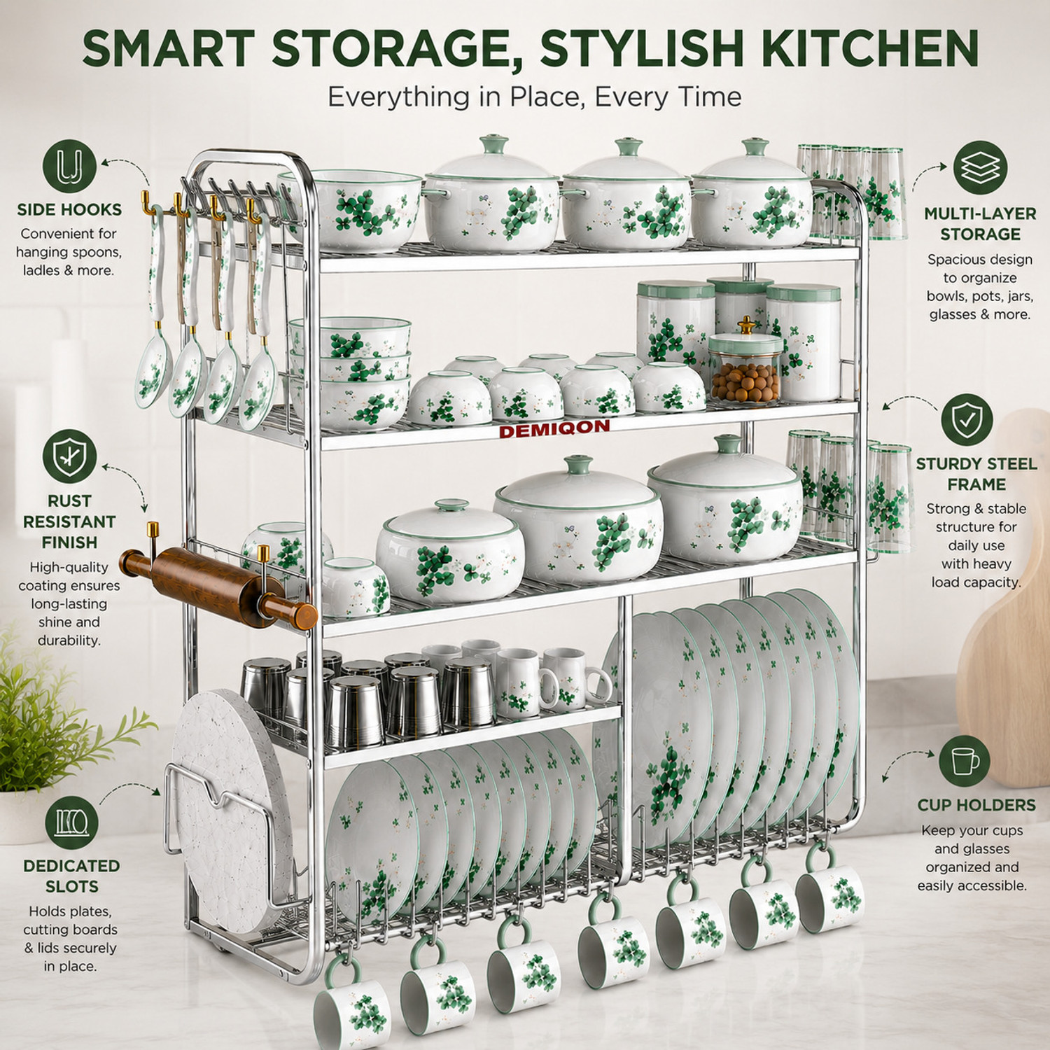 Image of DEMIQON Utensil Kitchen Rack Steel Stainless Steel 5 Layer Wall Mount Kitchen Dish Rack /Kitchen Rack (30 x 31 inch)
