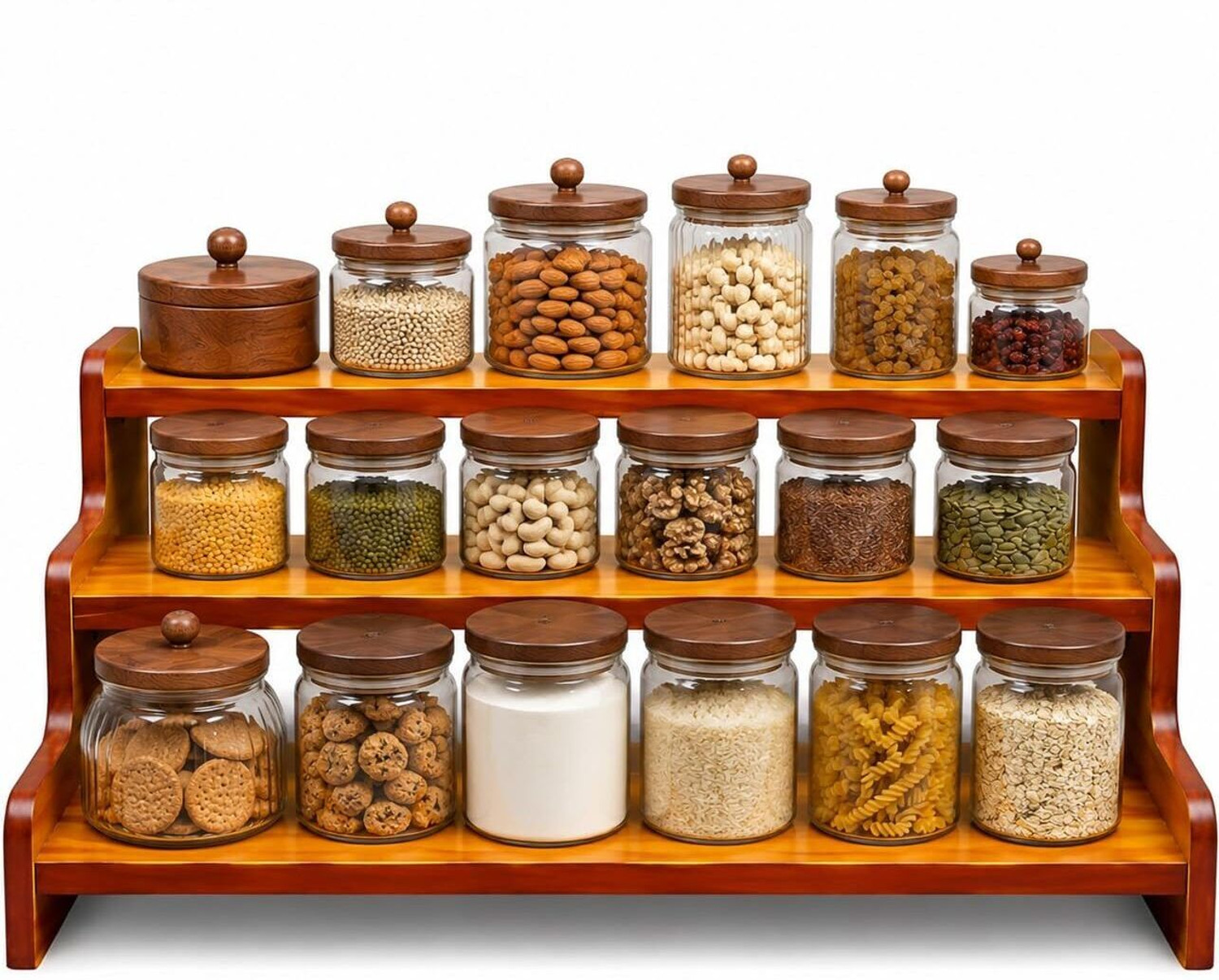Image of LIXERA Containers Kitchen Rack Wood Wooden 3 Tier Kitchen Organizer Rack for Countertop