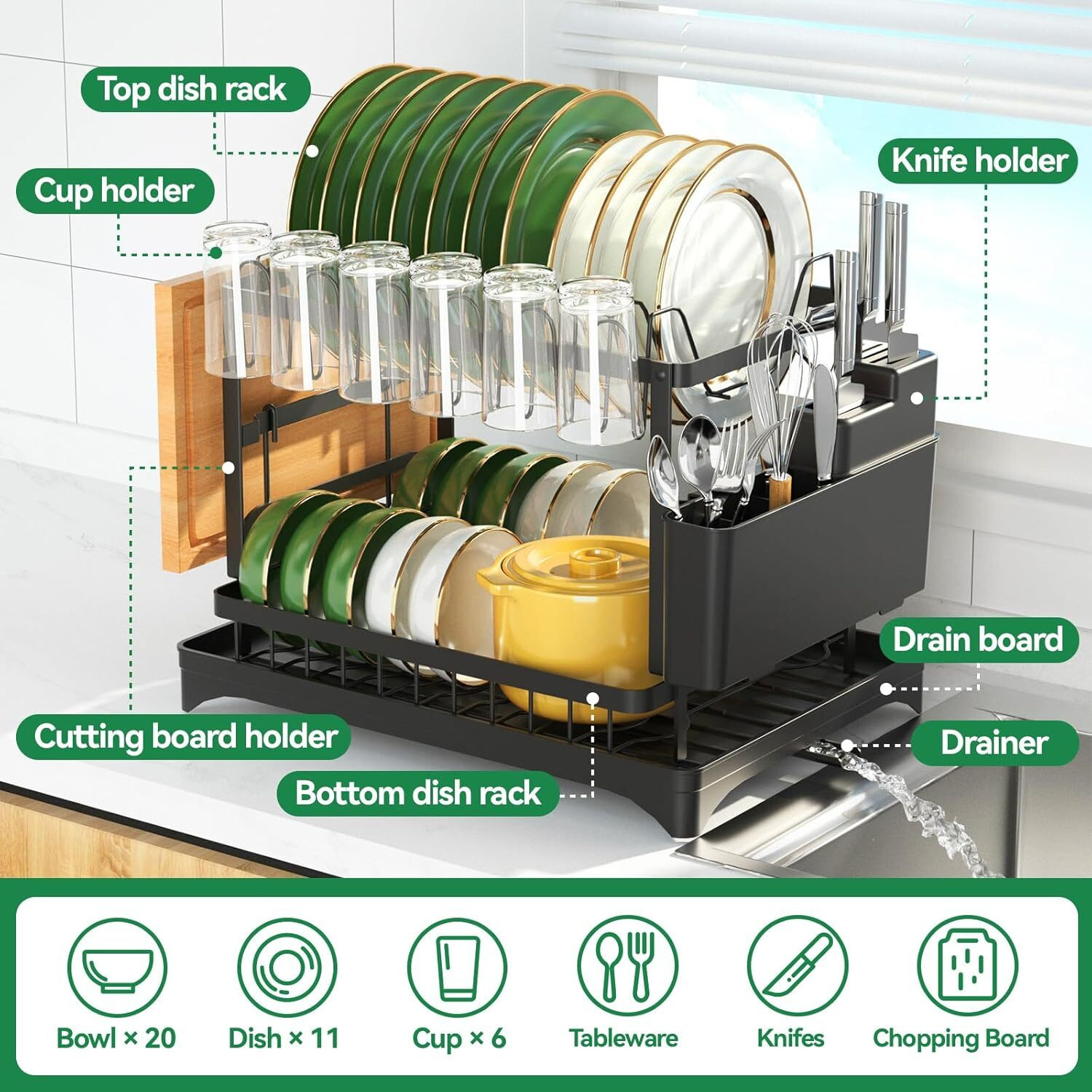 Image of ZENOVIA Dish Drainer Kitchen Rack Steel Black 2-Tier Dish Drying Rack & Kitchen Organizer with Drain Tray & Holders