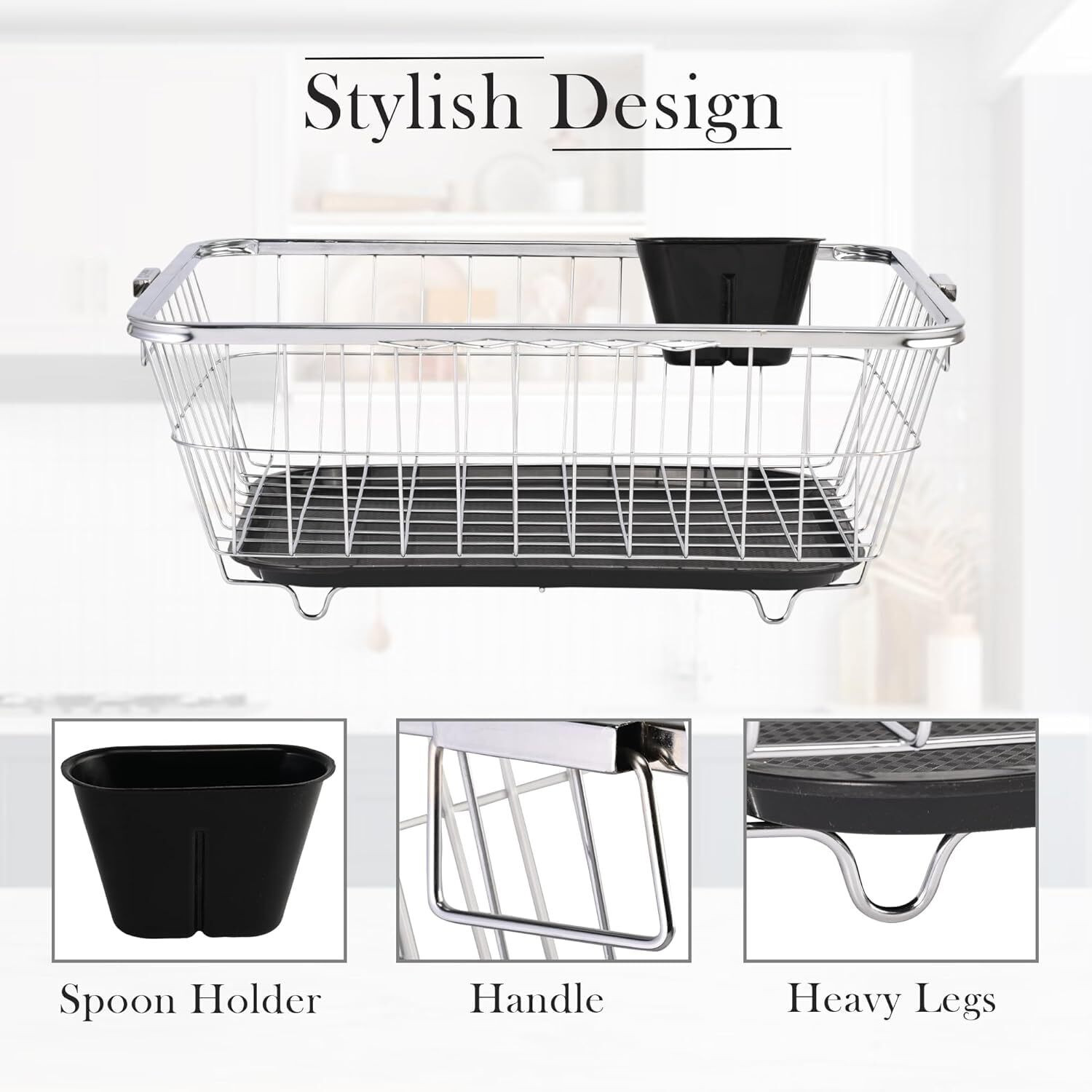 Image of VIROVIA Dish Drainer Kitchen Rack Steel Dish Drying Rack Steel with Tray & Spoon Holder Kitchen Organizer