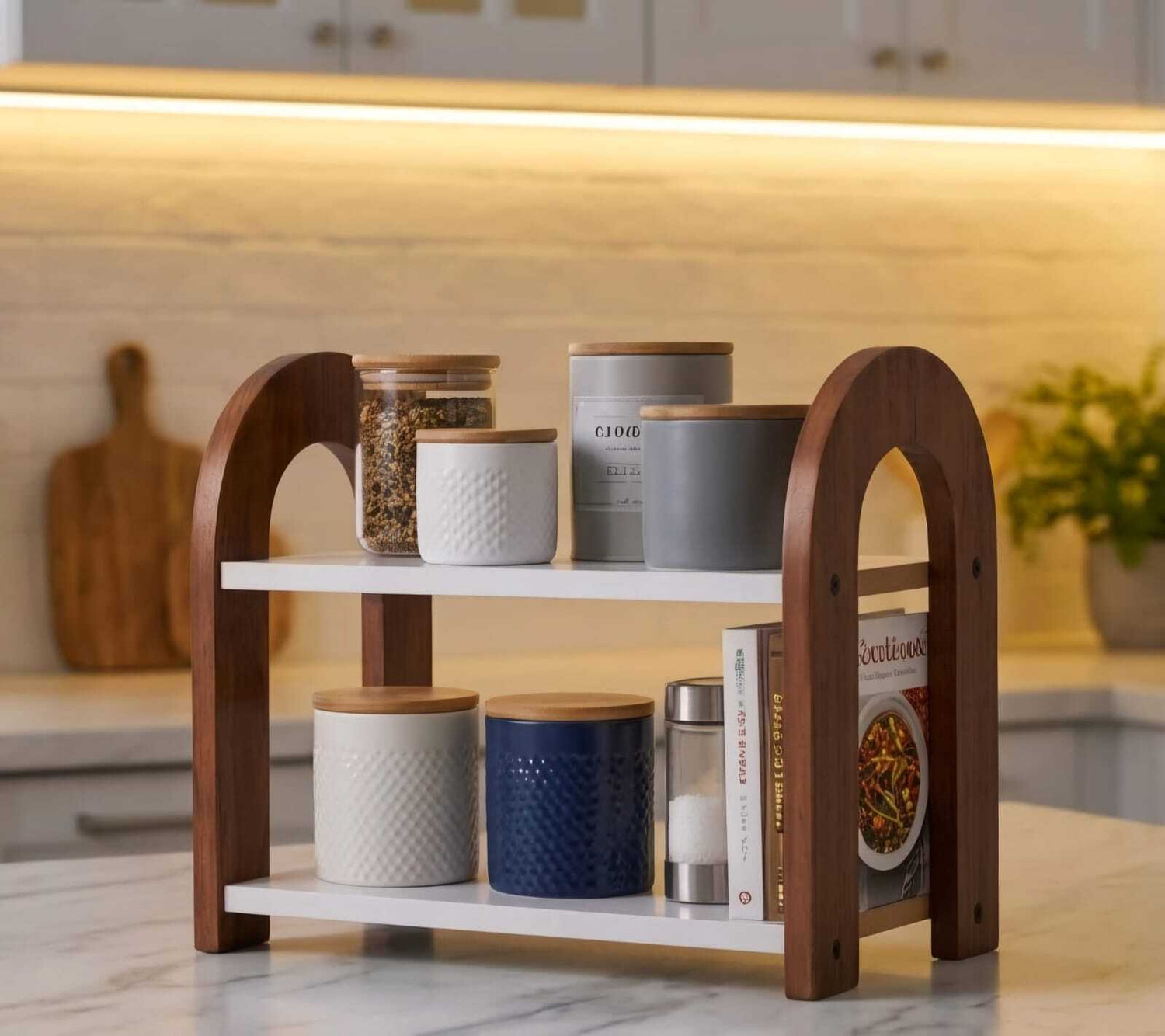 Image of Firebees Containers Kitchen Rack Wood 2 Tier Kitchen Spice Rack Organizer for Countertop