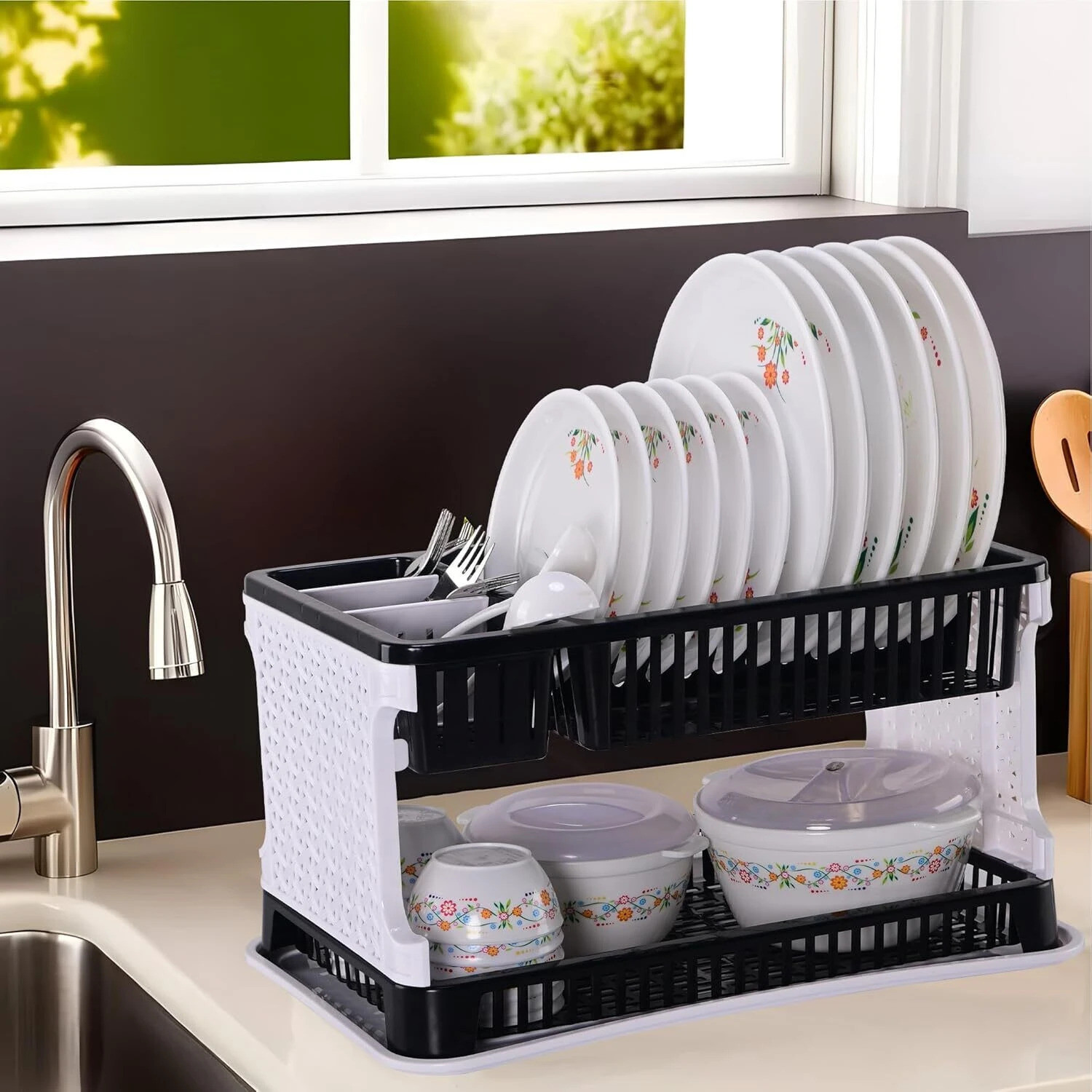 Image of Heart Home Dish Drainer Kitchen Rack Plastic Plastic 2-Tier Dish Drainer Storage Rack for Kitchen | Black & White