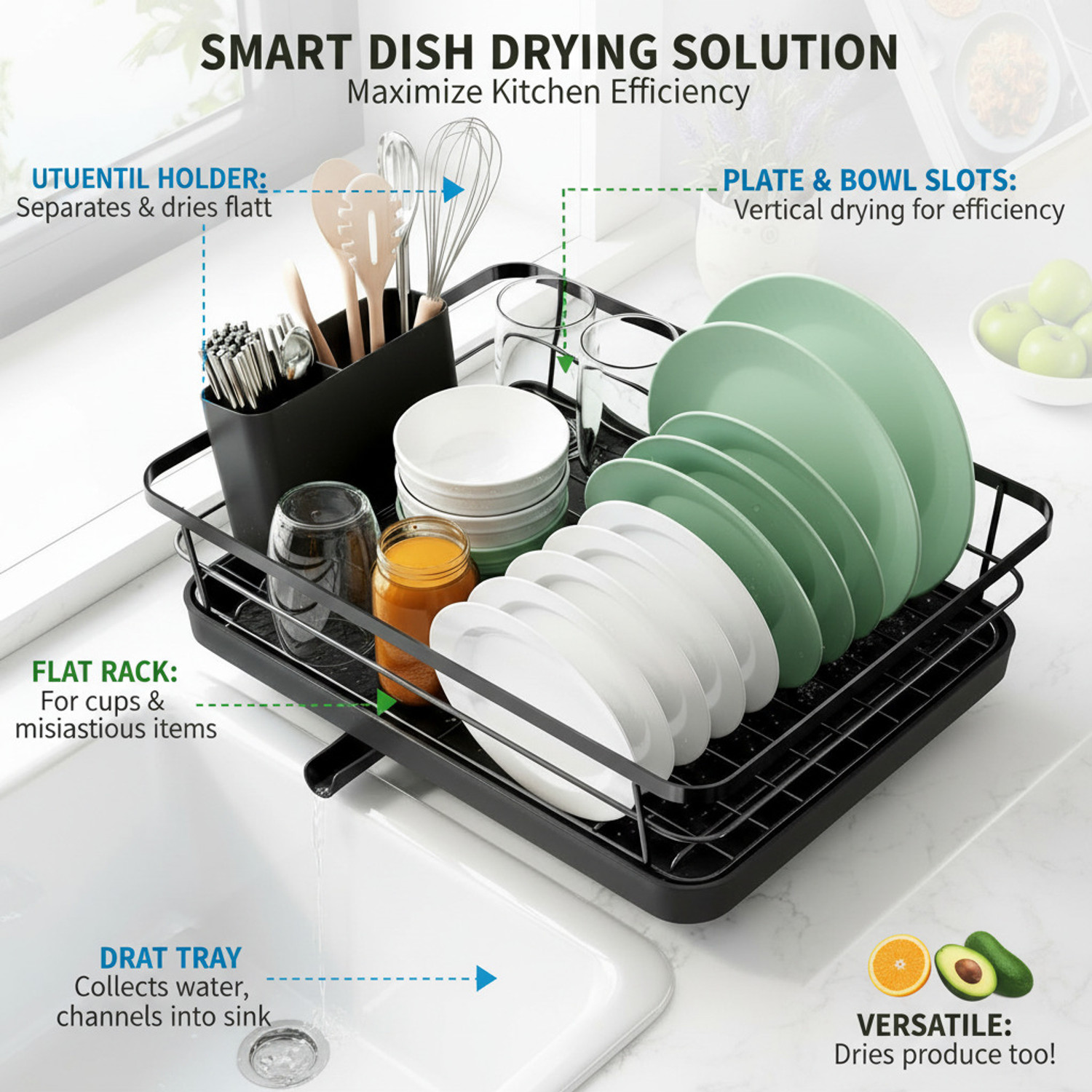 Image of V DECOR Dish Drainer Kitchen Rack Premium Over Sink Dish Drying Rack with Drainboard Tray D66 Steel