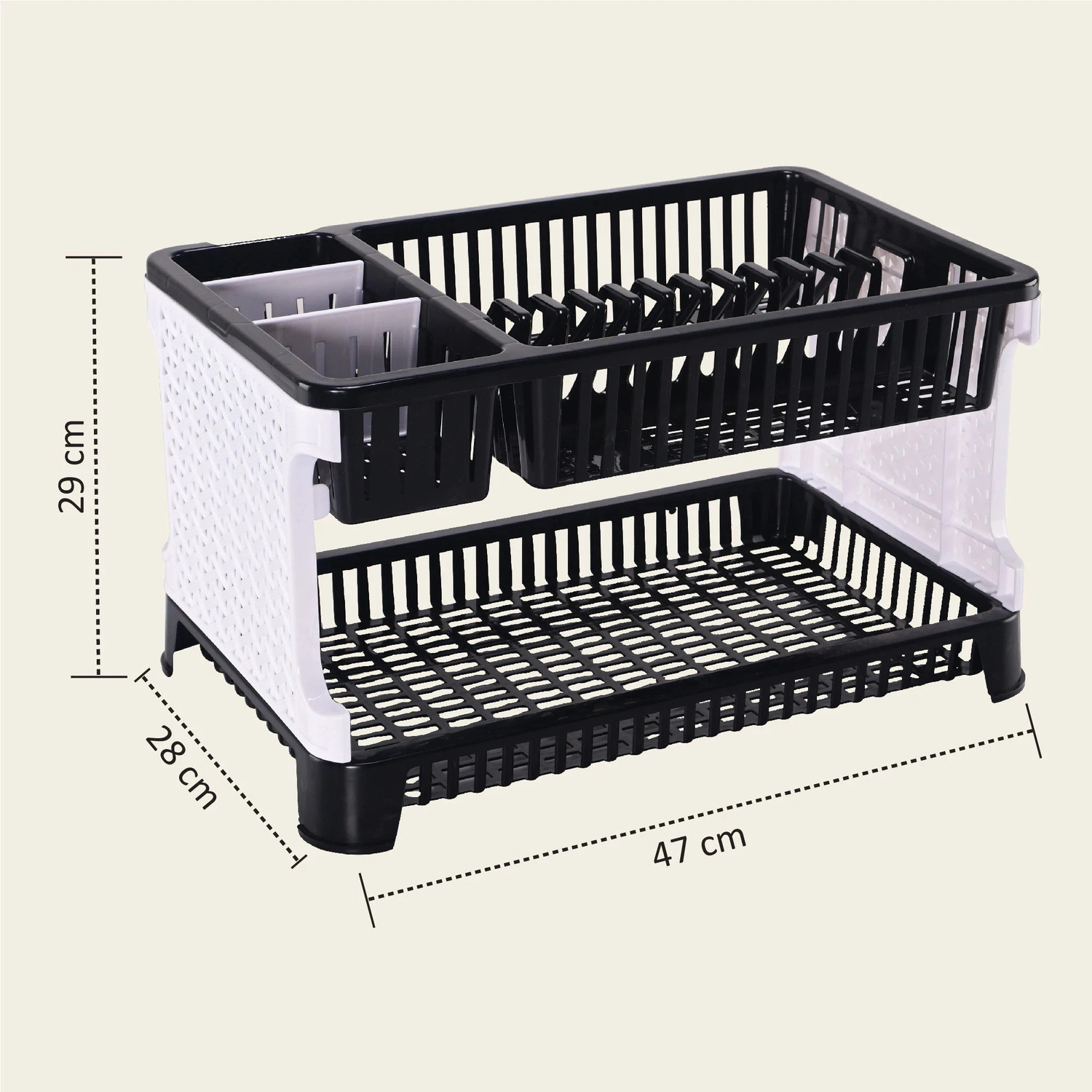 Image of Heart Home Dish Drainer Kitchen Rack Plastic Plastic 2-Tier Dish Drainer Storage Rack for Kitchen | Black & White