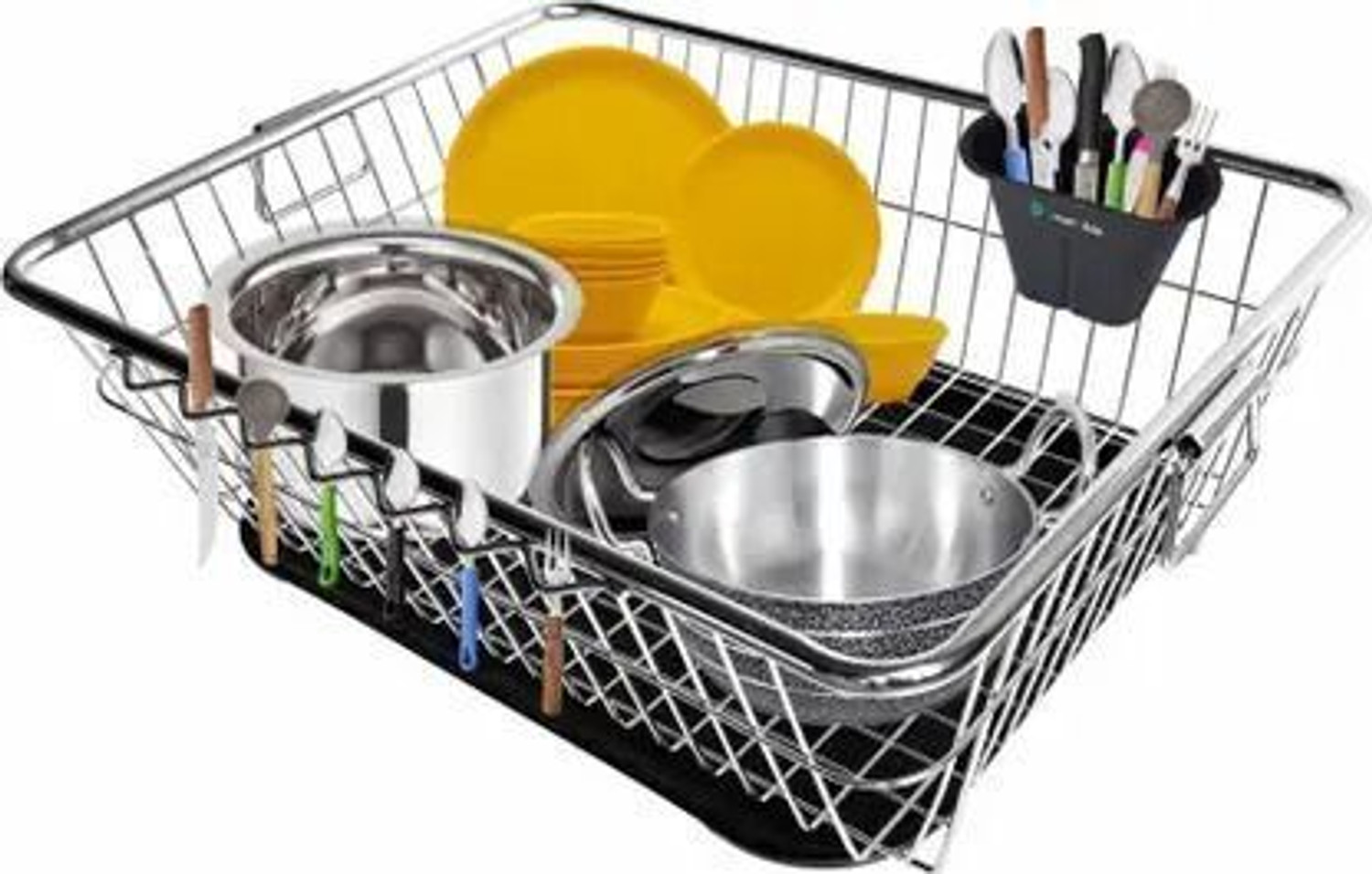 Image of iSTAR Dish Drainer Kitchen Rack Steel, Plastic Compact 2-Tier Chrome Dish Drying Rack Set w / Drain Tray & Utensil Caddy