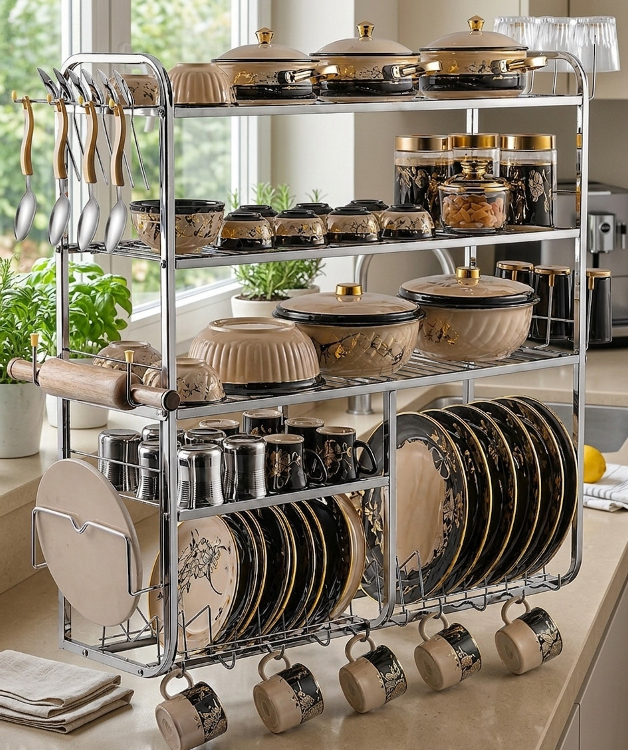 Image of AVAIL Utensil Kitchen Rack Steel 5 Layer Wall Mount Kitchen Dish Rack / Plate Cutlery Stand / Kitchen Organizer
