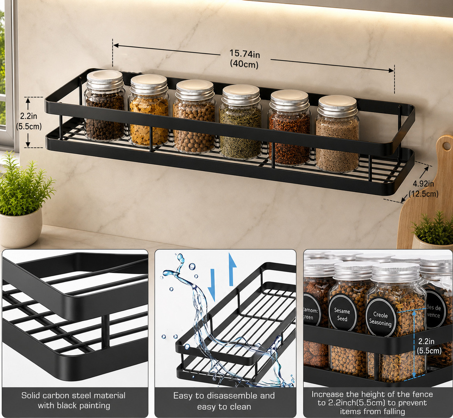 Image of DXDT Containers Kitchen Rack Carbon Steel Steel wall mounted kitchen rack(set of 3)kitchen accessories kitchen organizers