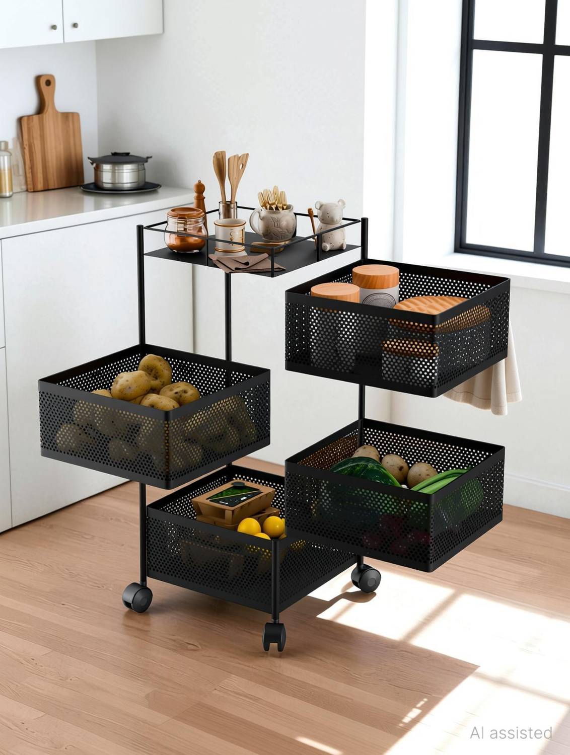 ADMIN INDUSTRIES Fruits/Vegetables Kitchen Rack Steel Metal 4-Layer Multipurpose Fruits & Vegetable Stand/Kitchen Trolley with Wheels