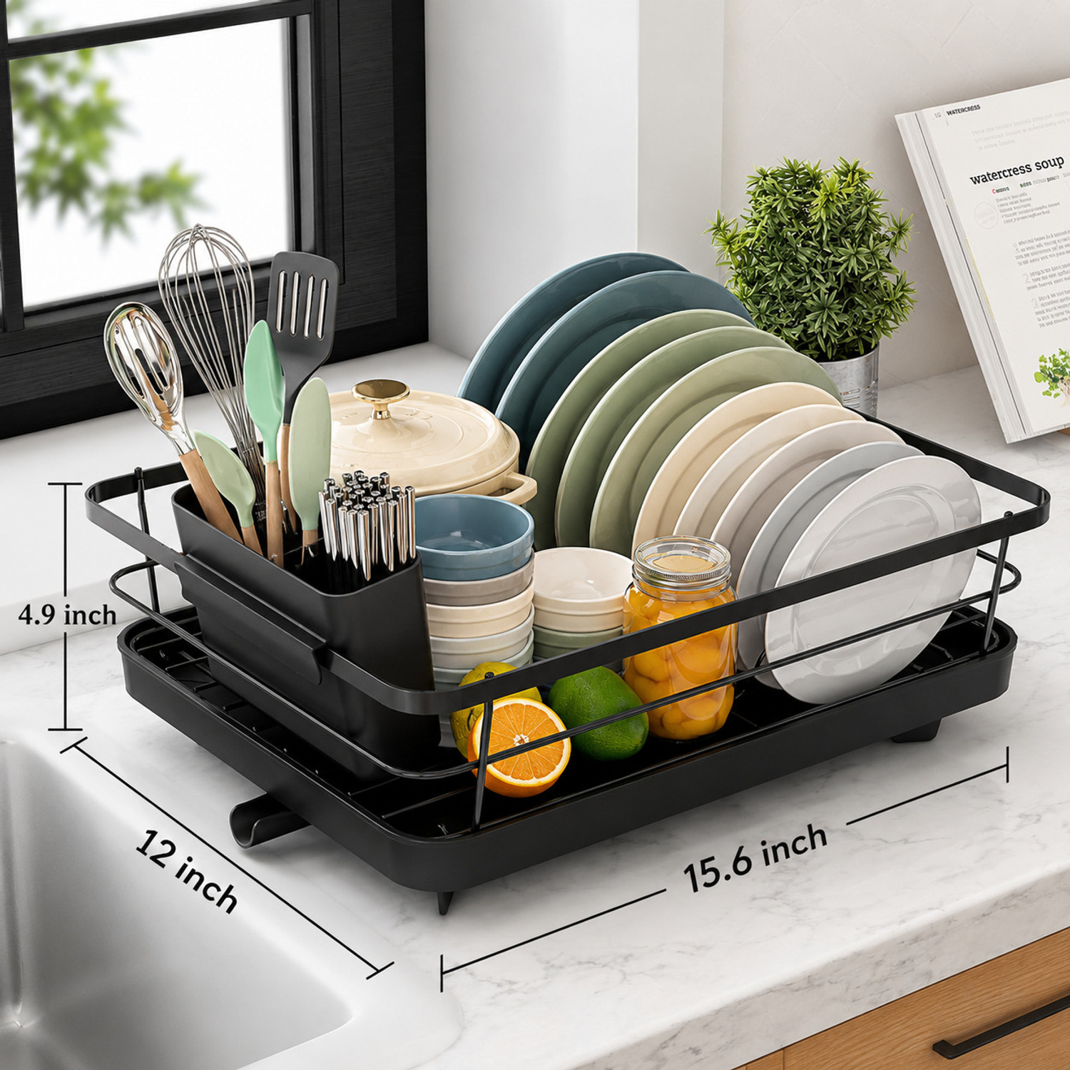 Image of Bimver Dish Drainer Kitchen Rack Kitchen Drying Racks with Drainer Tray Carbon Steel