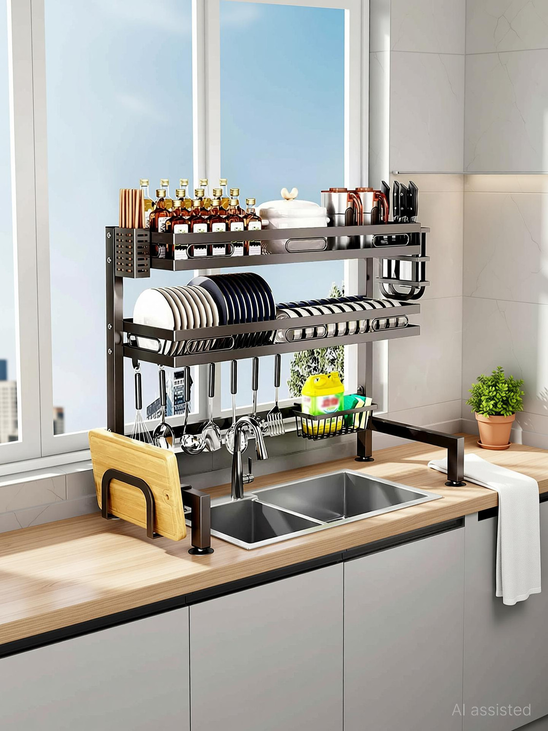 Image of iBELL Dish Drainer Kitchen Rack Carbon Steel IBLDR275 Over Sink Dish Rack,Carbon Steel /Drainer Shelf /Utensils Storage,2 Layer