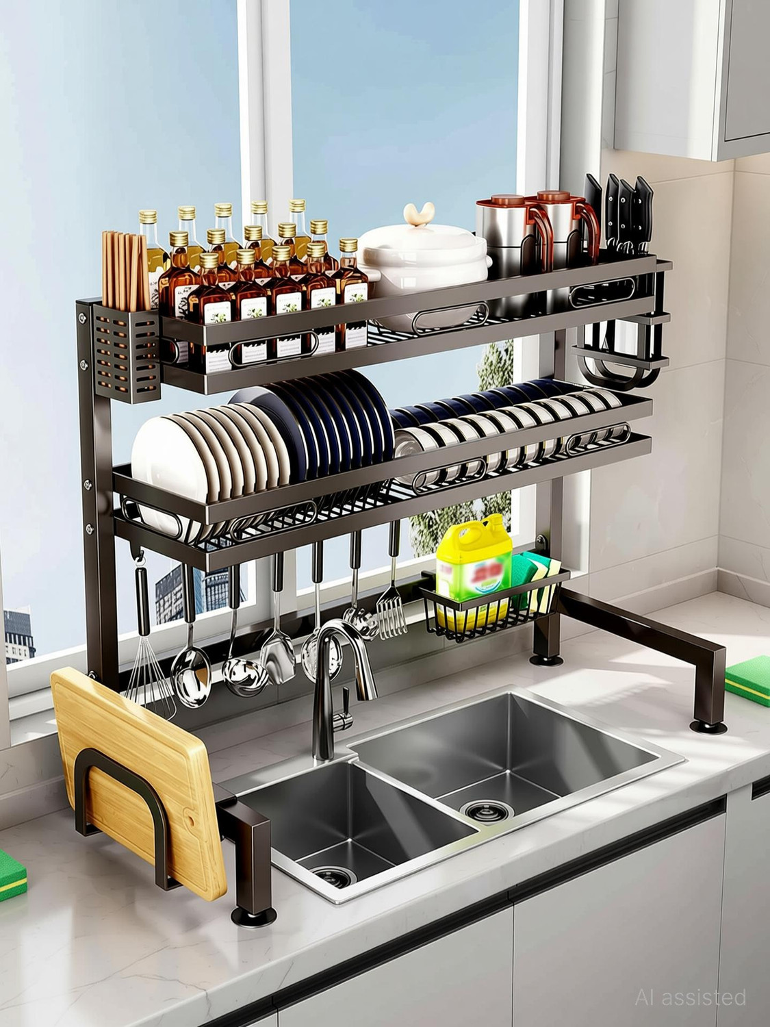 Image of iBELL Dish Drainer Kitchen Rack Carbon Steel IBLDR275 Over Sink Dish Rack,Carbon Steel /Drainer Shelf /Utensils Storage,2 Layer